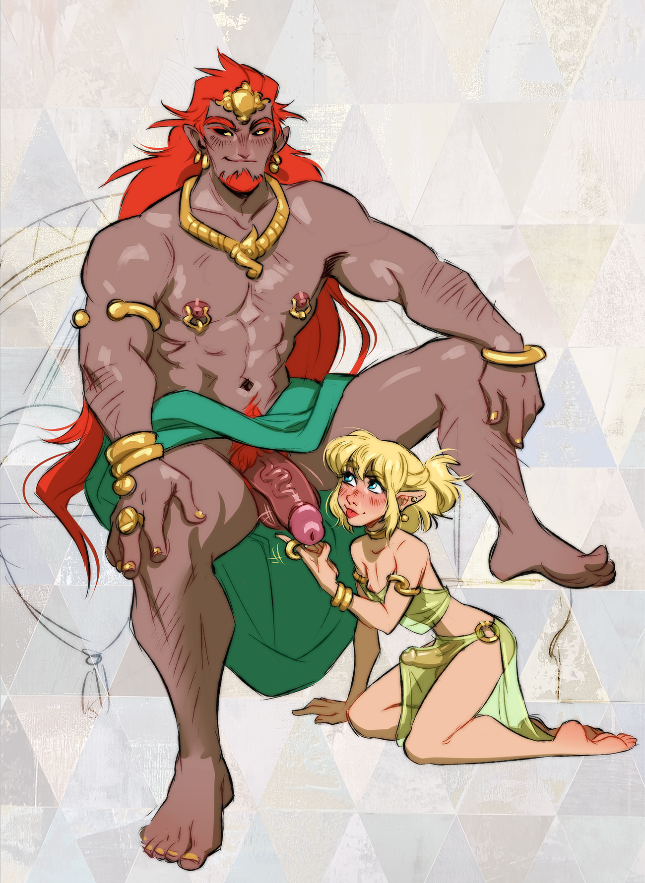 2boys, bara, big penis, black sclera, blonde hair, blue eyes, boner, crossdressing, erect penis, erection, erection under clothes, femboy, ganondorf, gay, girly, link, long hair, looking at partner, looking down, looking up, male, male only, nipple piercing, nipples, penis, penis on face, penis size difference, piercing, red hair, rehydrated ganondorf, ripushko, sissy, the legend of zelda, tongue, tongue out, touching penis, trap, yaoi, yellow eyes