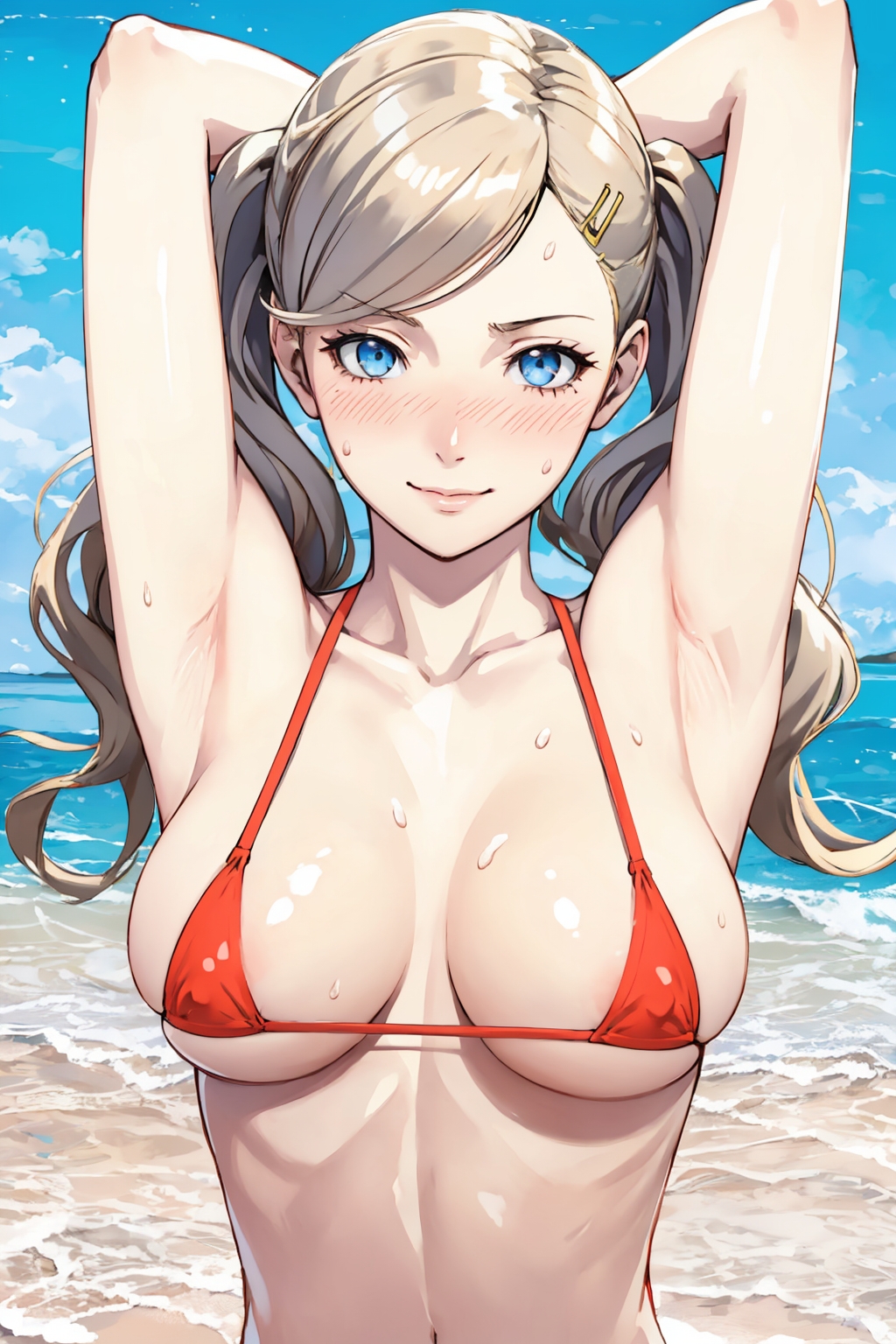 ai generated, ann takamaki, armpit crease, armpit fetish, armpit peek, armpit pose, armpit sex invitation, armpits, arms up, atlus, blue eyes, breasts, female, female only, looking at viewer, nai diffusion, persona, persona 5, presenting armpit, presenting armpits, solo, stable diffusion
