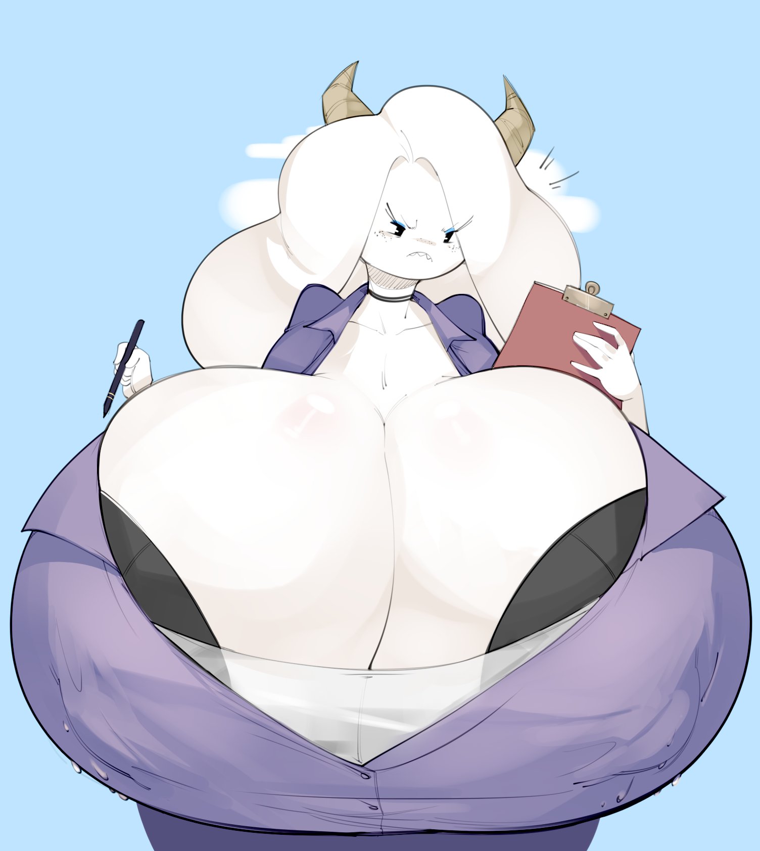 1girls, angry, big breasts, bra, bra cups sticking out, breasts, bulumble-bee, choker, cleavage, fangs, female, female only, holding object, horns, huge breasts, hyper breasts, mt gigi (bulumble-bee), office lady, original, original character, solo, white skin