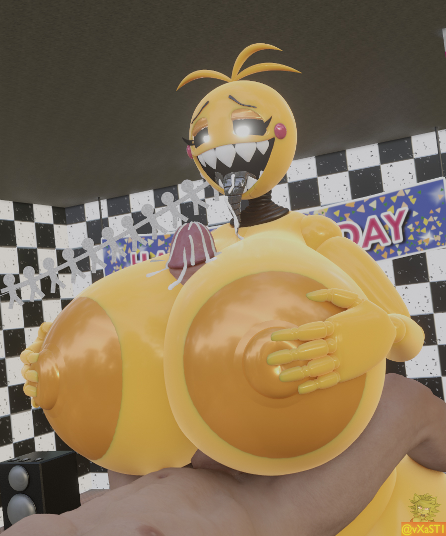 1boy 1girls 3d 3d_(artwork) areolae big_breasts big_penis bodily_fluids breasts cum cum_in_mouth cum_on_breasts female five_nights_at_freddy's five_nights_at_freddy's_2 huge_breasts large_breasts light-skinned_male light_skin male metal_tongue nipples open_mouth paizuri penis scottgames shark tongue tongue_out toy_chica_(cyanu) toy_chica_(fnaf) vxast yellow_body yellow_skin