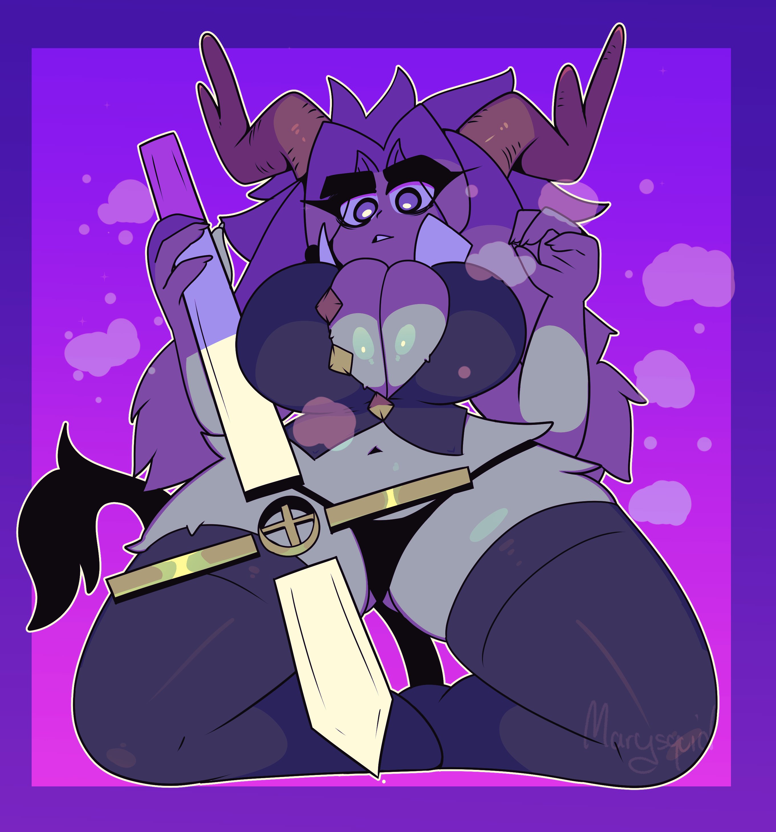 anthro, big breasts, breasts, female, goat, goat girl, marysquid, panties, pseudoregalia, sybil (pseudoregalia), thick thighs, thighhighs, wide hips