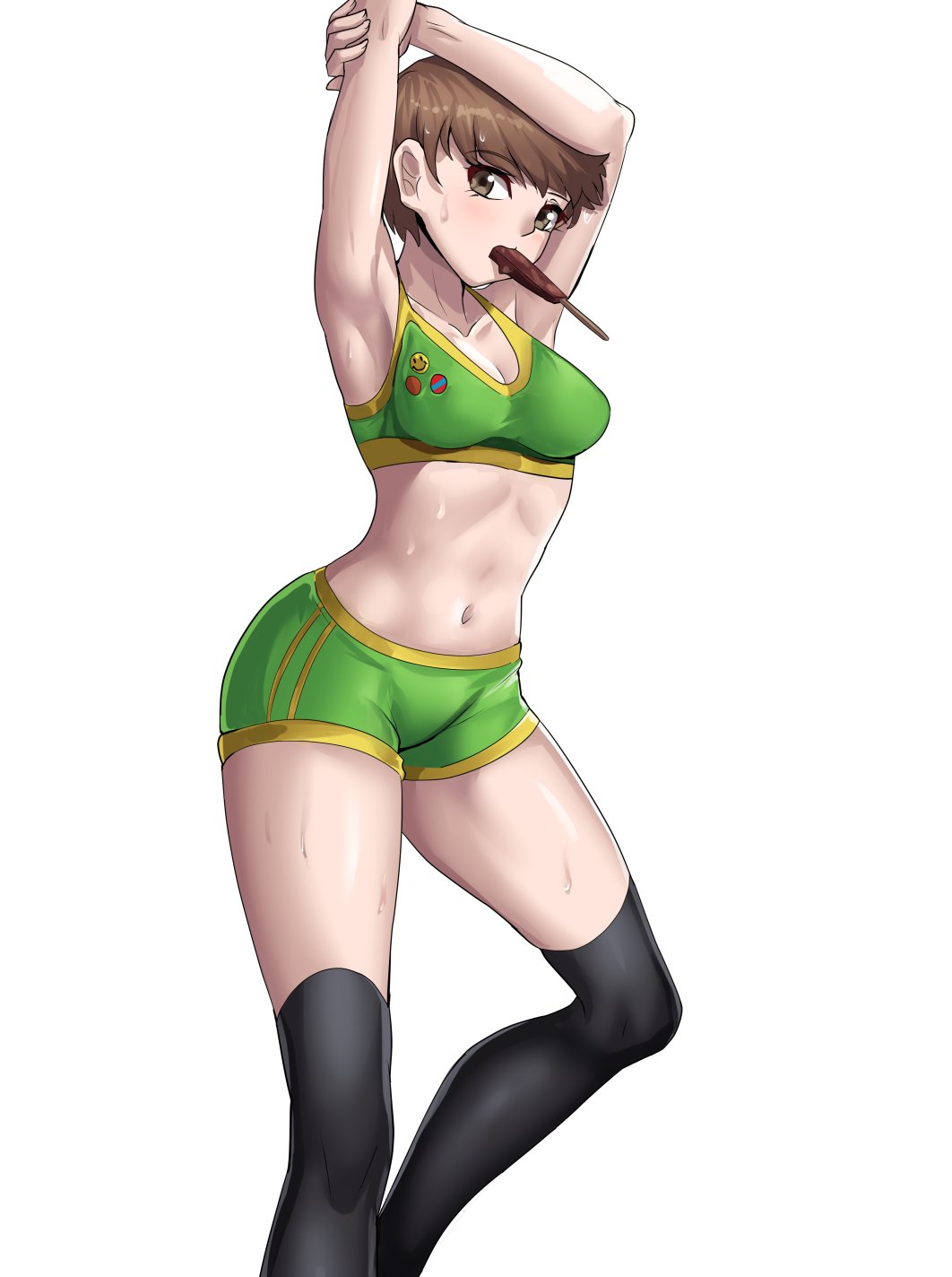 1girls, armpits, arms up, athletic, atlus, bike shorts, bottomwear, brown hair, clothing, female, nico-mo, persona, persona 4, satonaka chie, short hair, solo, sports bra, sportswear, sweat, thighhighs, tomboy, toned, topwear