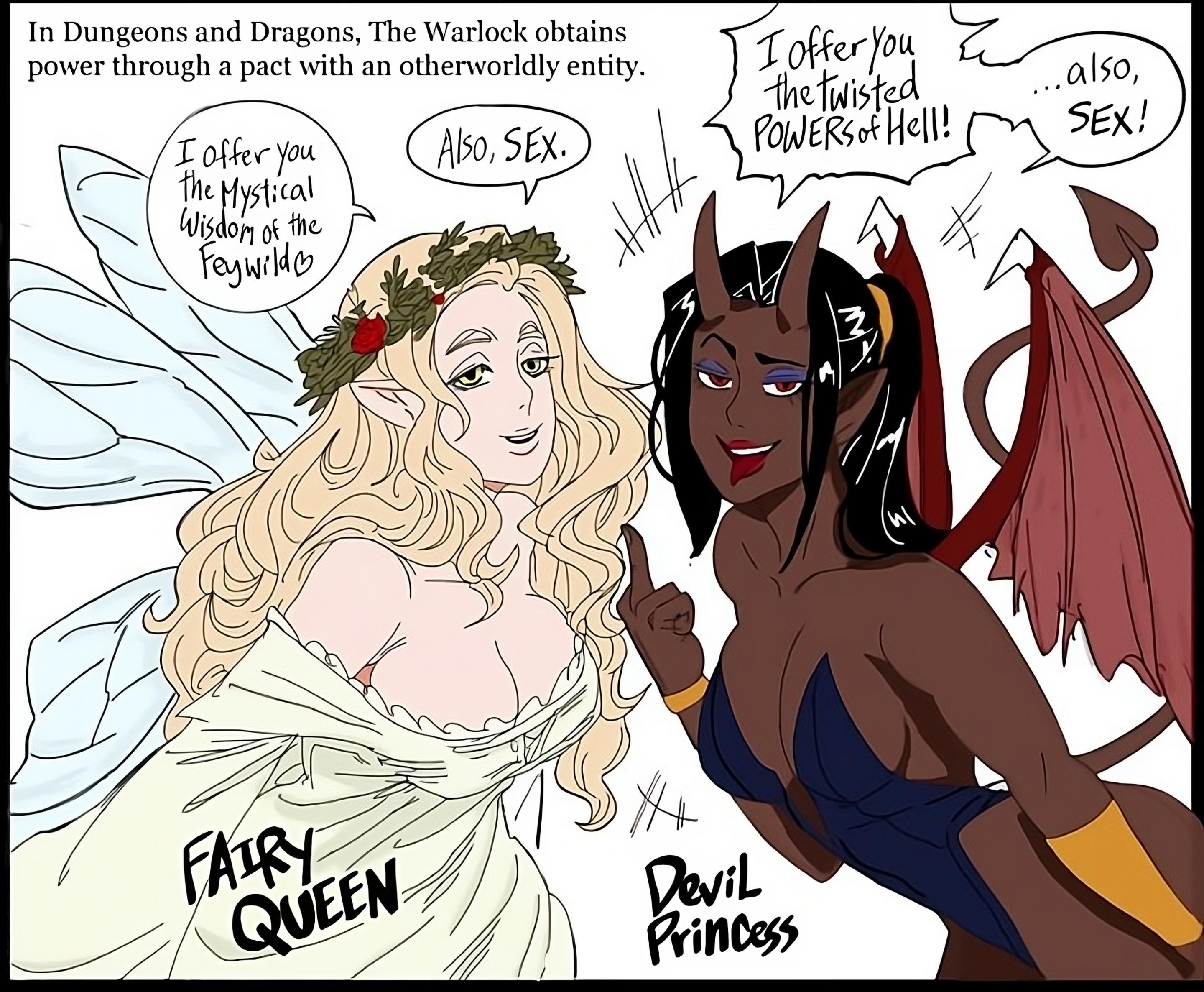 2girls, bb (baalbuddy), blonde hair, bracelet, celtic mythology, cleavage, colored, dark skin, dark-skinned female, demon, demon girl, demon tail, dialogue, dungeons and dragons, edit, european mythology, eyeshadow, fairy, fantasy, female, female only, flower crown, green eyes, hair ornament, horns, inviting, inviting to sex, light skin, light-skinned female, lipstick, long dress, middle finger, monster, monster girl, mythology, no sex, oc, original, pointy ears, ponytail, princess, public domain, queen, red eyes, red lipstick, succubus, tail, text, tongue, tongue out, wings