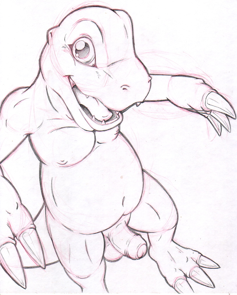 1boy agumon anthro balls claws digimon digimon_(species) dinosaur genitals happy humanoid_genitalia humanoid_penis male male_only marc_leonhardt monochrome nipples open_mouth penis reptile scalie sharp_teeth smile solo teeth toe_claws