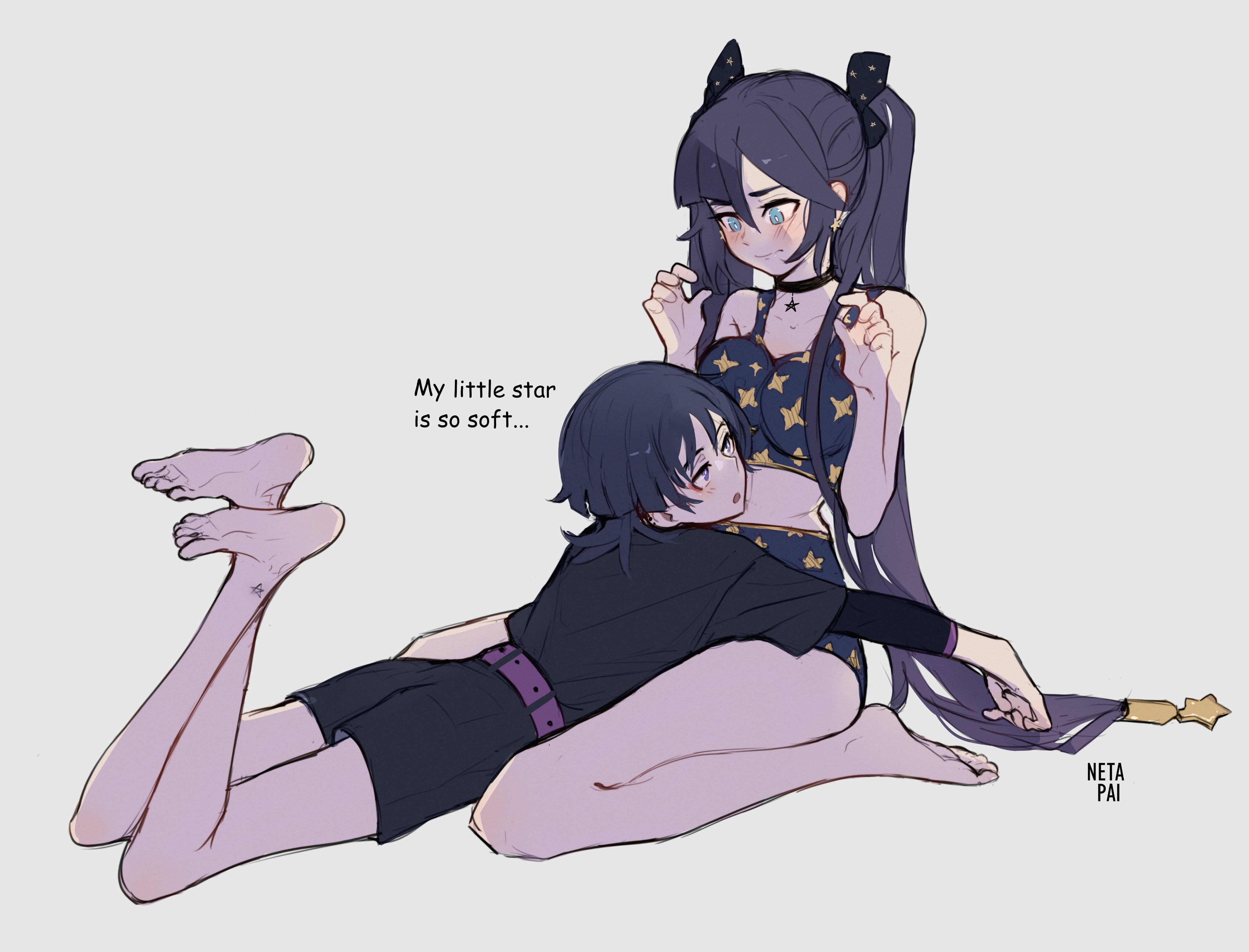 1boy, 1girls, barefoot, big breasts, black hair, blue eyes, blush, breasts, close, collar, couple, embarrassed, embarrassed female, embrace, feet, female, genshin impact, hair ribbon, intimate, intimate distance, kneeling, legs spread, long hair, male, mona (genshin impact), netapai, panties, scaramouche (genshin impact), topless, underwear