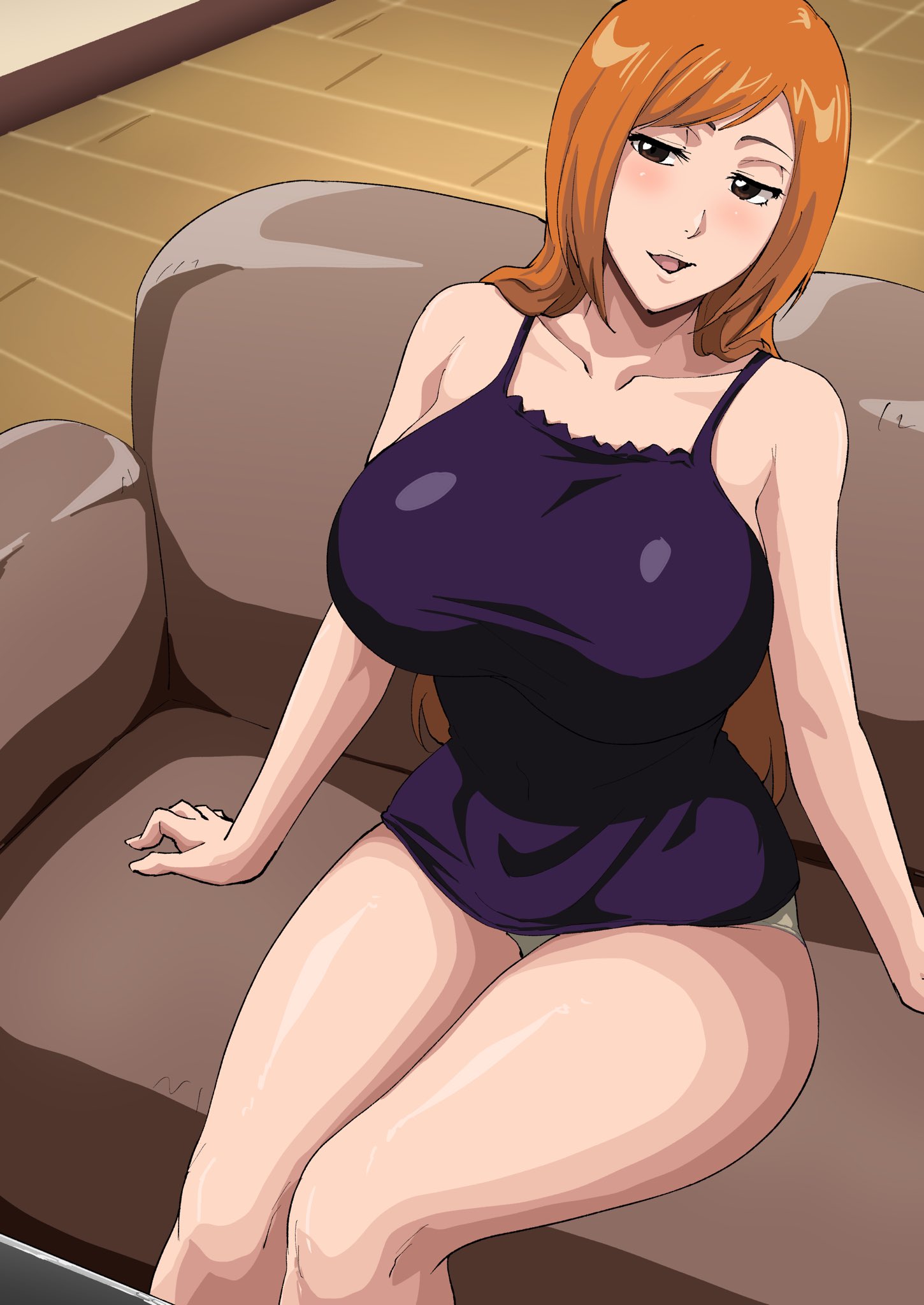 1girls, before sex, big breasts, bleach, bleach: the thousand-year blood war, bottomless, breasts, busty, cleavage, couch, dress, female, female only, huge breasts, inoue orihime, iwao178, large breasts, oppai, orange hair, panties, revealing clothes, sitting, sitting on couch, solo, thick thighs, thighs, voluptuous, wide hips