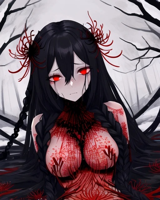 ai_generated black_hair death demon demon_girl female forest forest_background original_character red_eyes red_flowers red_spider_lilies red_vines sad snow sorrow