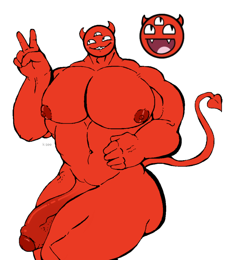 2023 3_eyes abs awesome_face bara bara_tits barazoku demon demon_horns demon_tail digital_media_(artwork) epic_face large_penis male male_only multi_eye muscular muscular_male nipples partially_retracted_foreskin peace_sign pecs penis red_skin reference_image sharp_teeth silly uncircumcised veiny veiny_muscles veiny_penis yuckyalternate