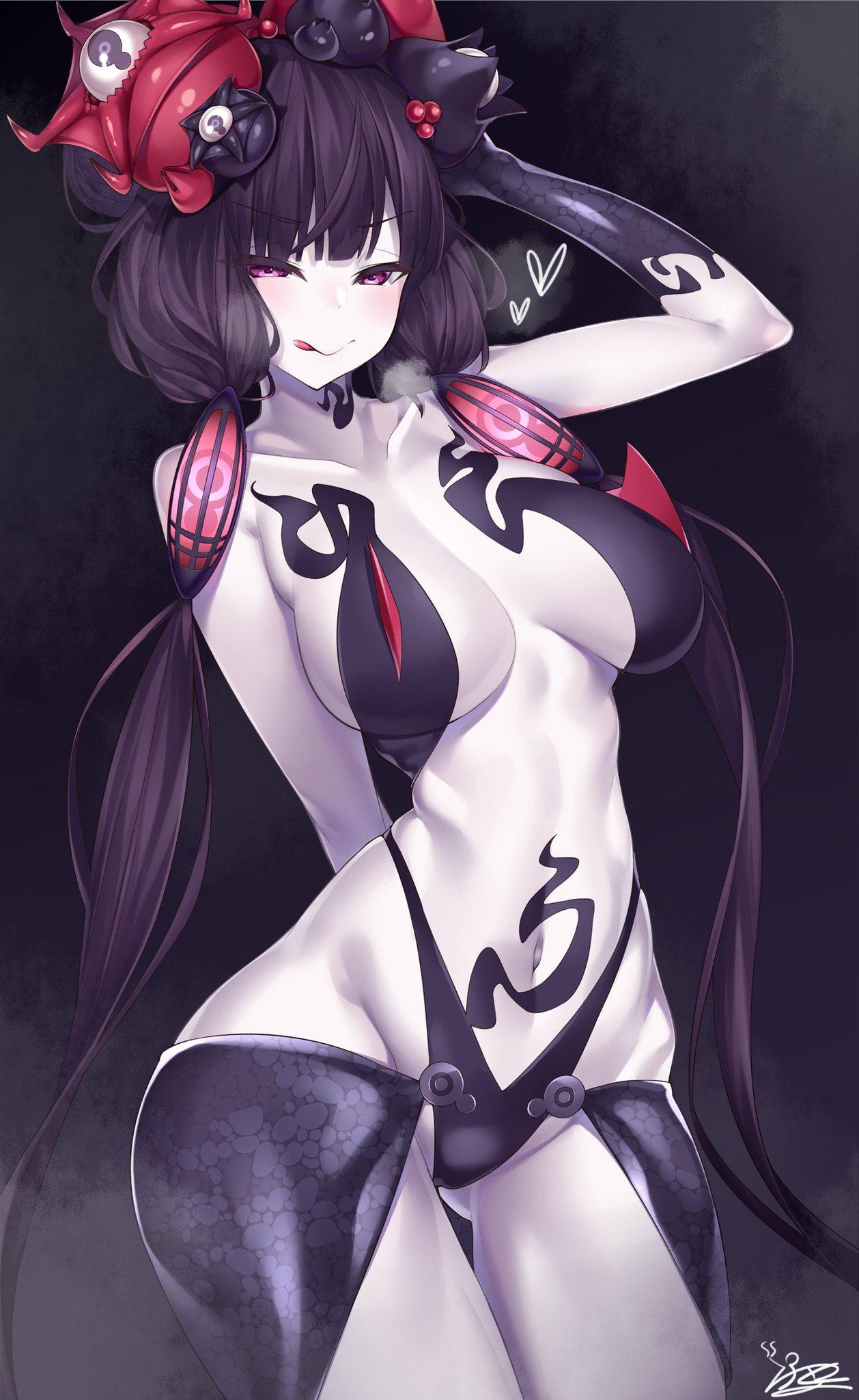 alien girl, ass visible through thighs, breasts, curvy, dark hair, fate (series), fate/grand order, female, grey skin, hair ornament, katsushika hokusai (fate), large breasts, licking lips, looking at viewer, purple eyes, swimsuit, watosu (watosu mama)