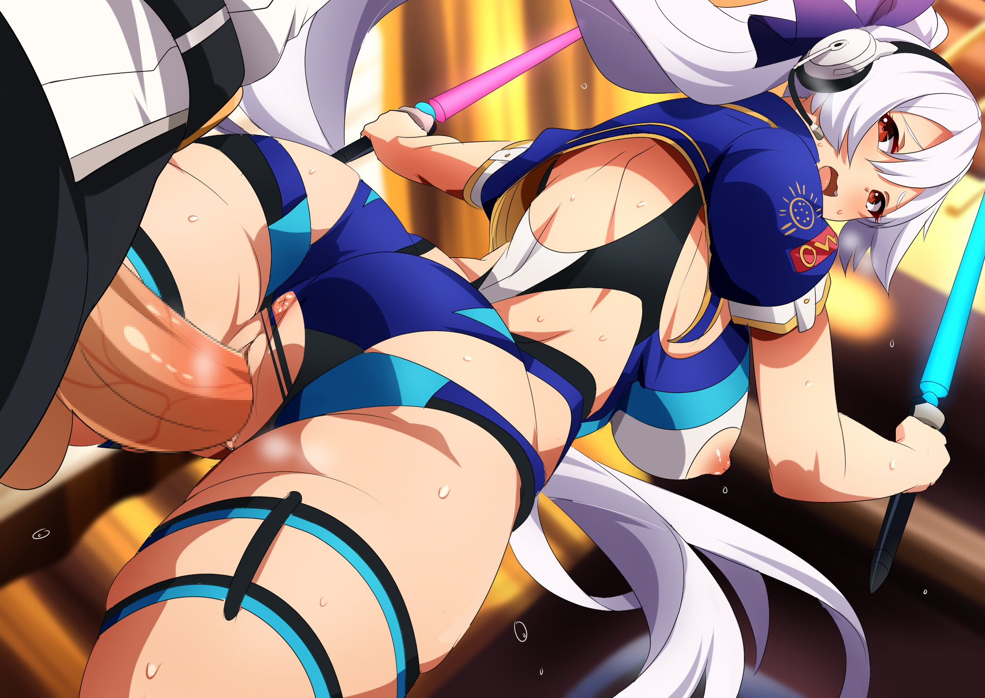 ass, asshole, blush, breasts, cheating wife, erect nipples, exposed nipples, fate (series), fate/grand order, female, from behind, gamer, gamer girl, head set, jacket, large breasts, leotard, looking back, magukappu, nipples, open mouth, ponytail, red eyes, ripped clothing, ripped leotard, sex, steamy breath, sweat, sweatdrop, sword, thigh ring, tomoe gozen (fate), tomoe gozen (swimsuit saber)