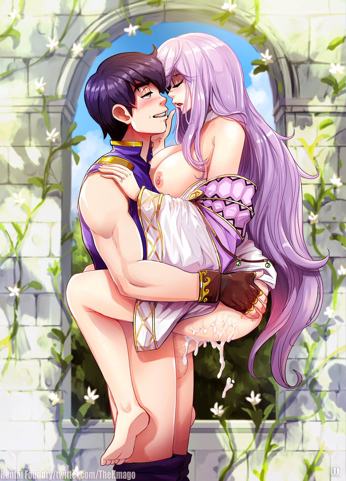 1boy 1girls bare_legs barefoot bottomless breasts breasts_out clenched_teeth closed_eyes cum cum_in_pussy cum_inside cum_on_leg female fingerless_gloves fire_emblem fire_emblem:_genealogy_of_the_holy_war gloves grey_eyes hmage julia_(crusader_of_light)_(fire_emblem) julia_(fire_emblem) large_breasts legs long_hair long_sleeves male male_and_female_focus nintendo nipples open_mouth outdoors penis pink_hair purple_hair scathach_(fire_emblem) sex short_hair stand_and_carry_position straight testicles vaginal_penetration very_long_hair wall wholesome wide_sleeves