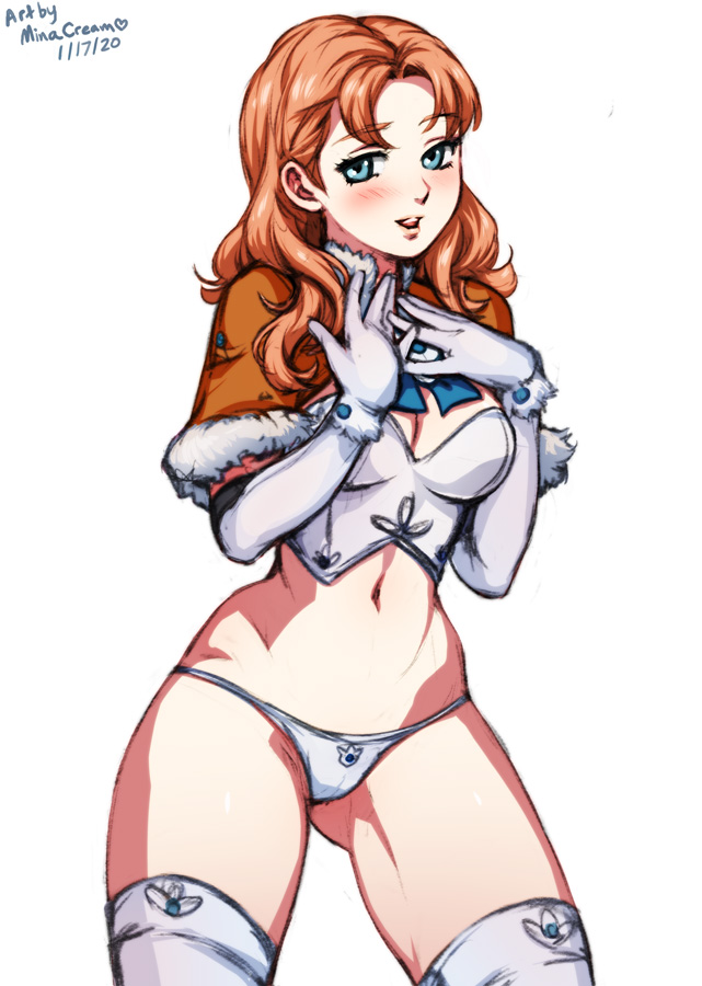 1girls, annette fantine dominic, bare thighs, blue eyes, blush, breasts, female, fire emblem, fire emblem: three houses, long hair, looking at viewer, medium breasts, medium hair, midriff, minacream, nintendo, orange hair, panties, post-timeskip, solo, thighhighs, thighs, white panties
