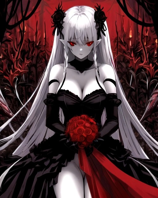 ai_generated black_wedding_dress bouquet bouquet_of_flowers cleavage demon demon_girl flower_in_hair original_character pale_skin pale_skinned_female pointy_ears red_eyes red_flowers red_spider_lilies sad sorrow vampire vampire_girl wedding_dress white_hair