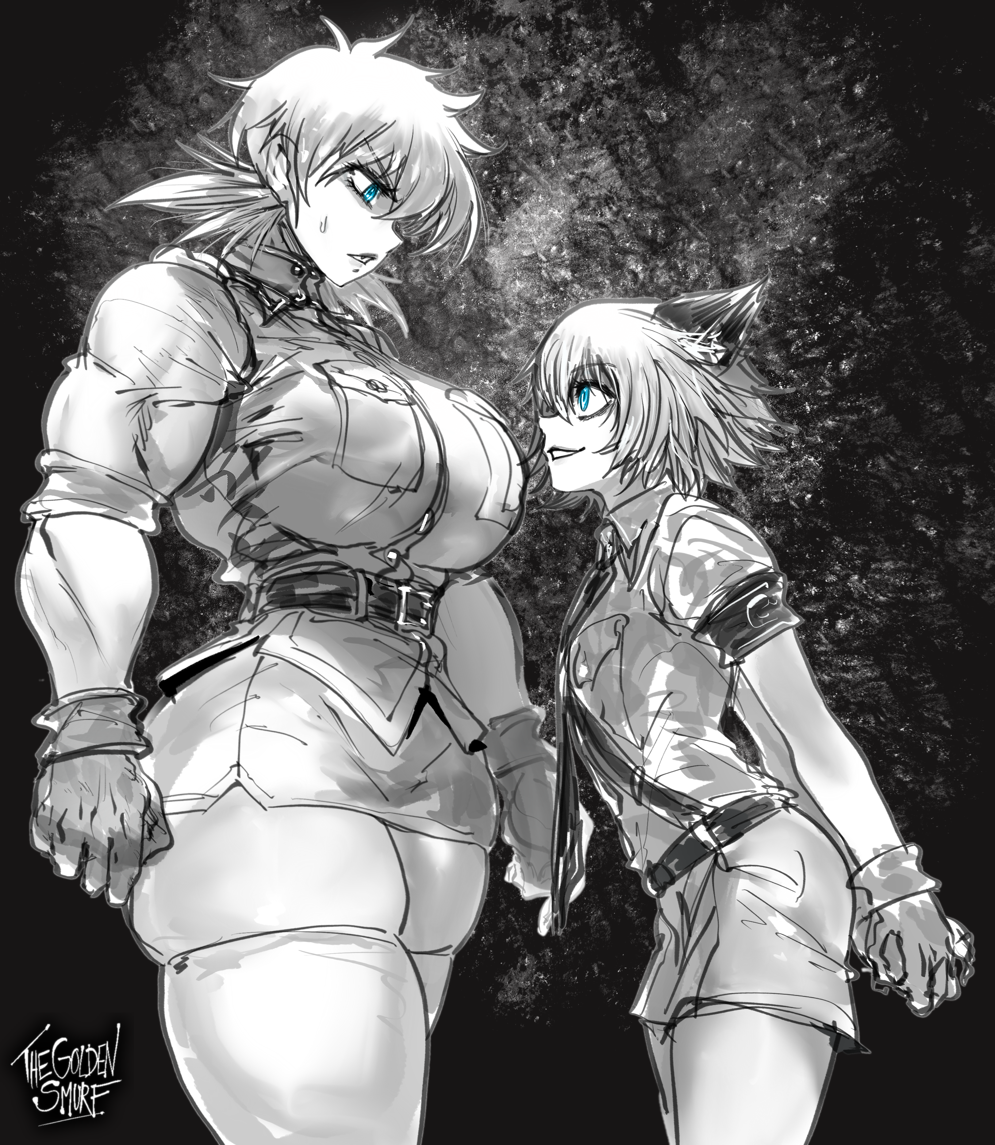1boy, 1girls, androgynous, black and white, blue eyes, breasts, cat boy, cat ears, catboy, cheeky smile, confused look, cute male, detailed, female, femboy, feminine male, hands behind back, hellsing, hellsing ultimate, huge breasts, looking at another, looking down, looking up, male, massive breasts, muscular, muscular female, schrodinger, seras victoria, size difference, smaller male, sweat, taller female, thegoldensmurf, thick thighs, tight clothing, uniform