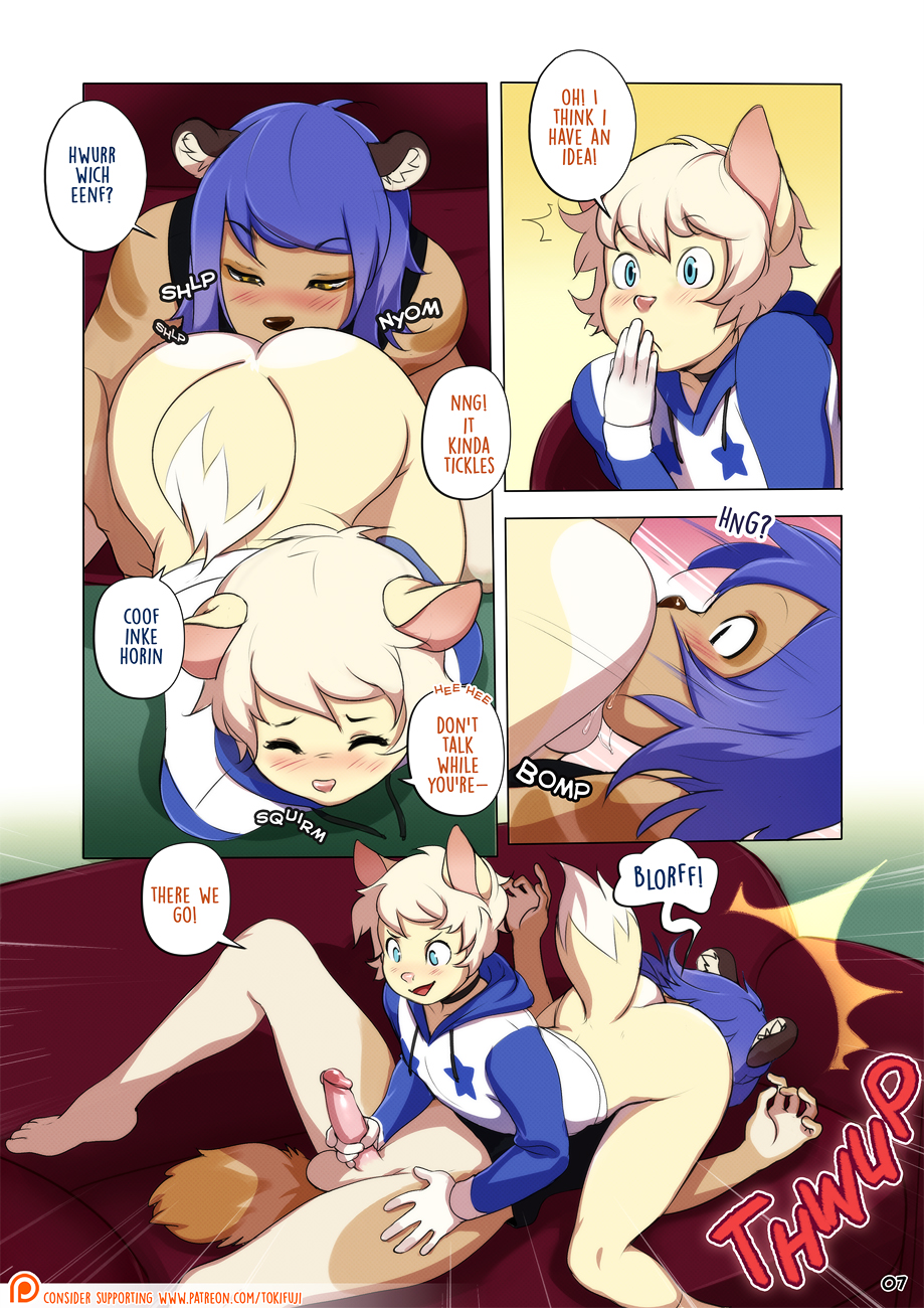 2boys, 69, 69 position, anthro, comic, facesitting, furry, gay, handjob, male, page 7, page number, rimming, tokifuji, trap, yaoi