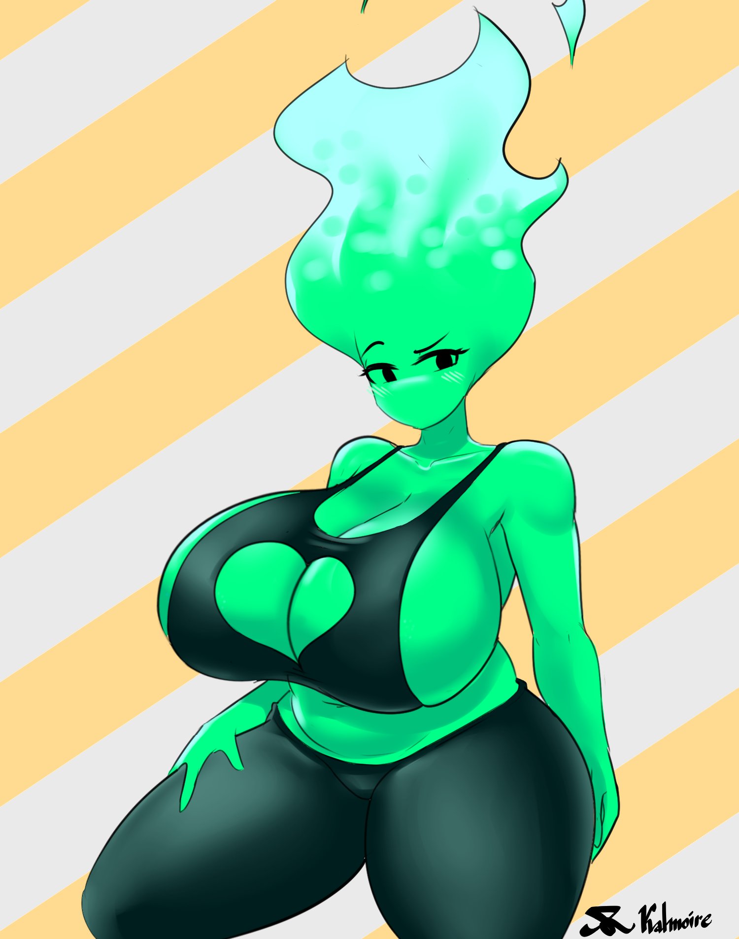 1girls, alternate breast size, bare shoulders, big breasts, boob window, breasts, breasts bigger than head, busty, center opening, clavicle, cleavage, clothed, clothes, clothing, collarbone, curvy, curvy body, curvy female, curvy figure, deep cleavage, elemental creature, elemental humanoid, enormous breasts, f'lata flare (minusbrush), female, female focus, female only, fully clothed, gigantic breasts, green body, green skin, heart cutout, hips, huge breasts, humanoid, humongous breasts, kalmoire, large breasts, massive breasts, mob face, mouthless, mouthless female, no mouth, side boob, sideboob, slightly chubby, solo, solo female, solo focus, tank top, thick, thick thighs, thighs, thunder thighs, top heavy, venus body, voluptuous, voluptuous female, wide hips