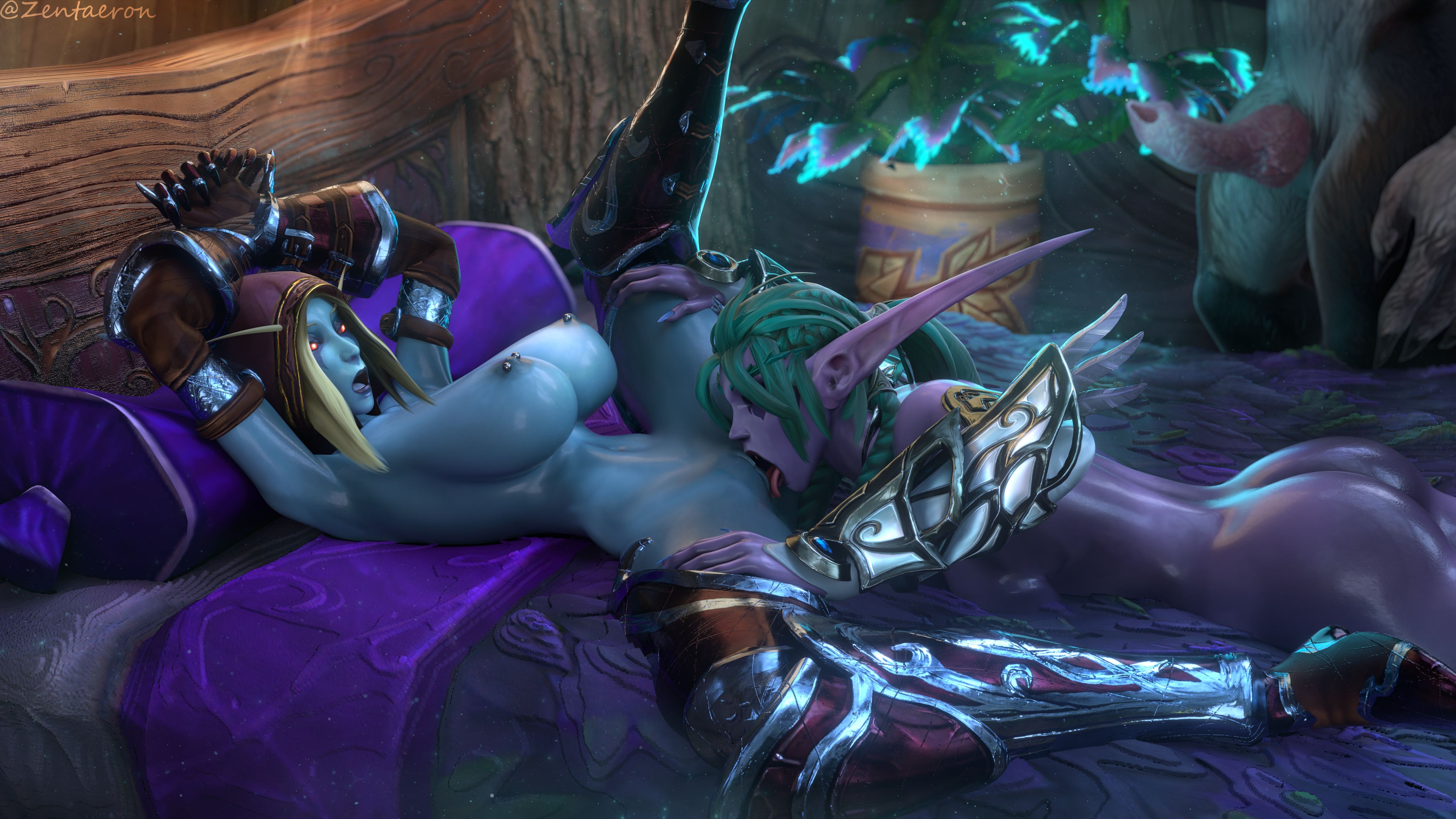 1boy, 2girls, armor, big breasts, blonde hair, breasts, elf, fellatio, female, femdom, green hair, knot, knotted penis, licking pussy, male, night elf, penis, purple skin, pussy, red eyes, restrained, restrained arms, spread legs, sylvanas windrunner, tyrande whisperwind, worgen, world of warcraft, yuri, zentaeron