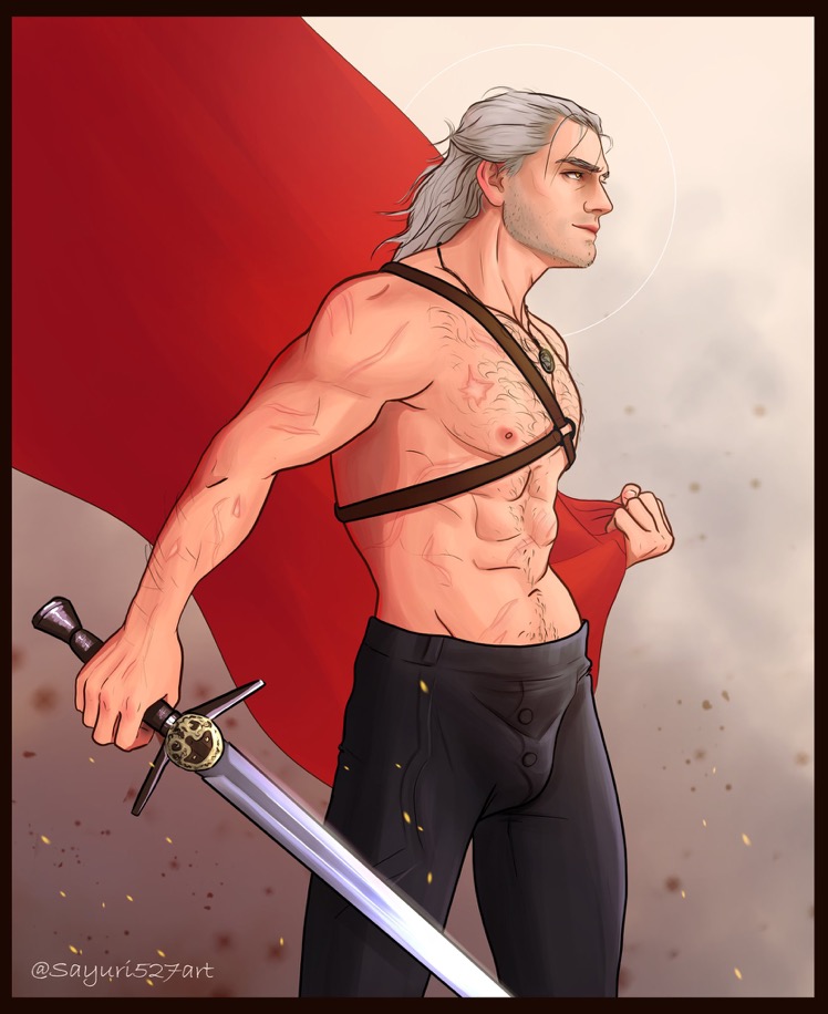 1boy bare_chest bulge cd_projekt_red covered_penis geralt_of_rivia gray_hair long_hair long_hair_male male_only no_shirt pants sayuri527art scars sword tagme the_witcher the_witcher_(series) the_witcher_2 the_witcher_3:_wild_hunt