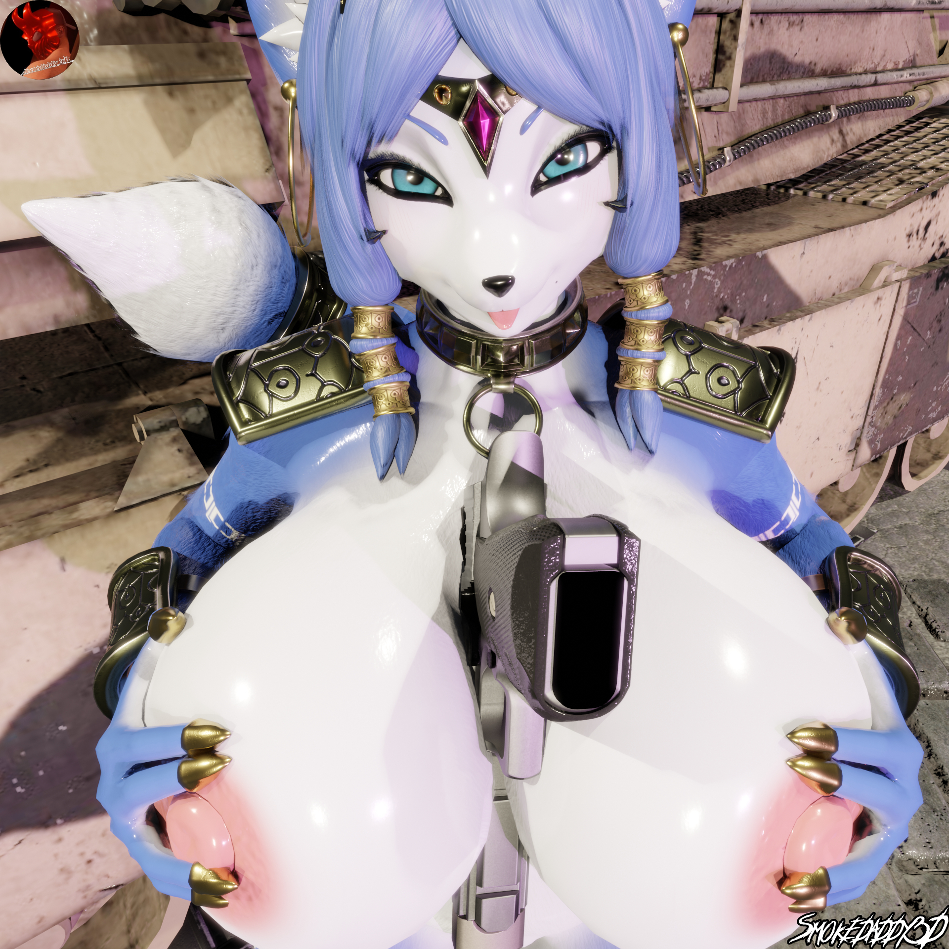 1girls, 3d, anthro, big breasts, big nipples, breasts, cute, female, furry, gun, holding breast, jewelry, krystal, krystal (dogzeela), looking at viewer, massive breasts, nipples, piercings, smokedaddy, star fox, tank, tongue, tongue out, vehicle, weapon