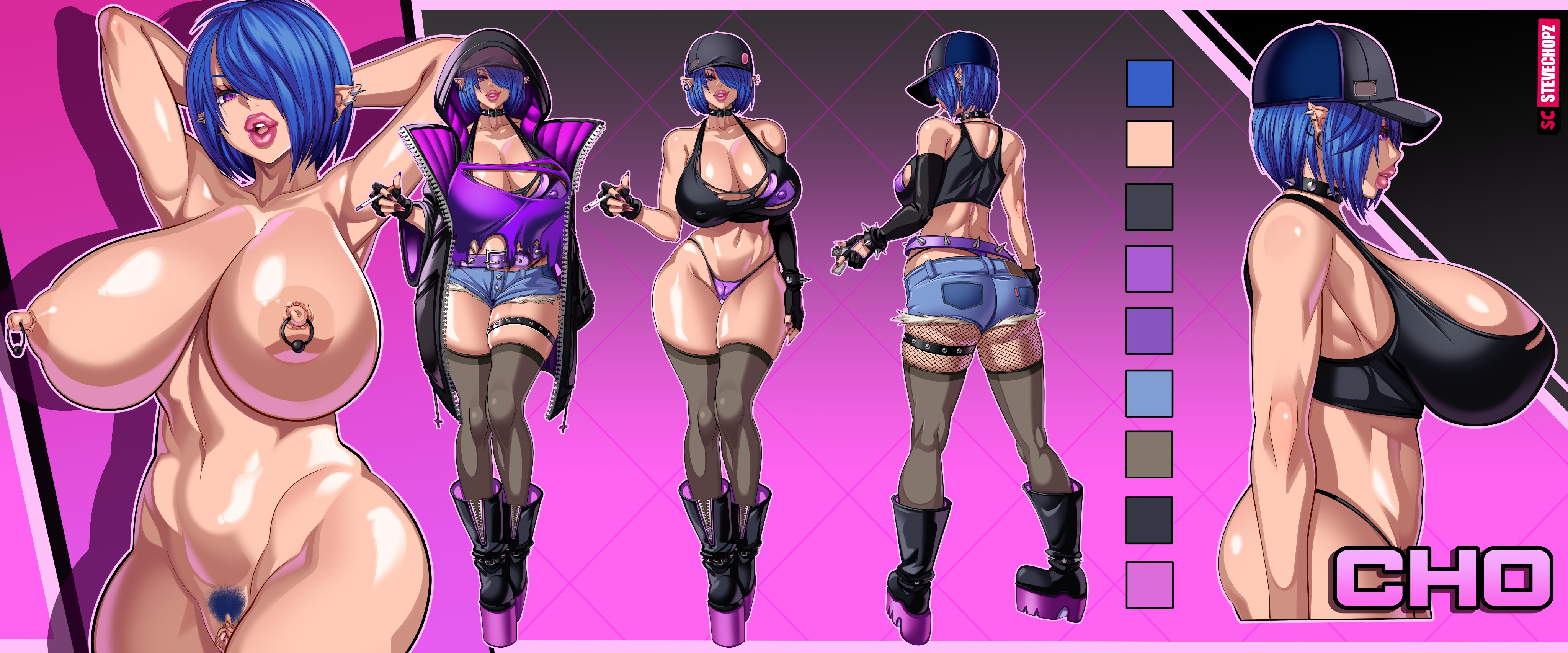 1girls, areolae, armpits, arms up, big breasts, blue hair, breasts, camel toe, cameltoe, cap, character sheet, cho (stevechopz), cleavage, clothed, clothing, daisy dukes, denim shorts, female, female only, female pubic hair, hair over one eye, hands behind head, hat, headwear, huge breasts, large breasts, nipple piercing, nipples, original character, pierced ears, pierced nipples, piercing, piercings, pointy ears, pubic hair, purple eyes, pussy, revealing clothes, shorts, solo, stevechopz, thong, vagina