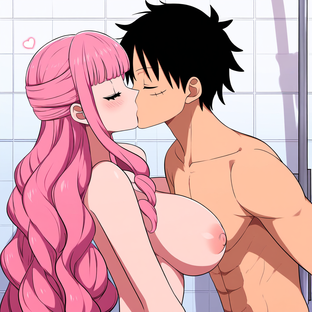 1boy, 1girls, abs, accurate art style, ai generated, black hair, black-haired male, female, kissing, male, monkey d luffy, nai diffusion, one piece, perona, pink hair, pink-haired female, stable diffusion, white skin