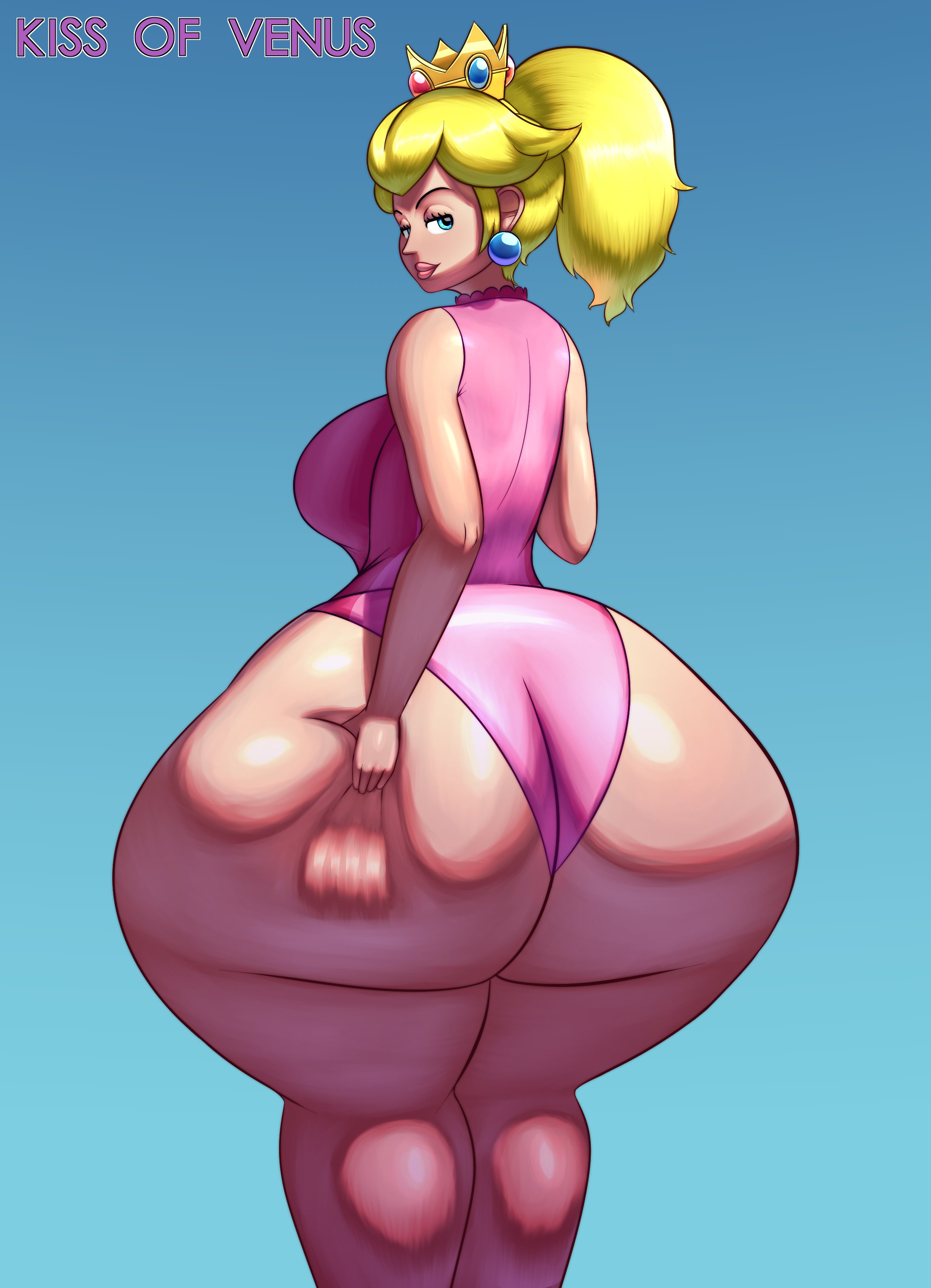1girls, alternate ass size, ass, ass dough, ass focus, back view, big ass, big breasts, blonde hair, blue background, blue eyes, bottom heavy, breasts, cropped legs, crown, deep skin, earrings, fat ass, female, female only, gigantic ass, gradient background, huge ass, huge breasts, human, hyper, hyper ass, hyper thighs, kissofvenus, large breasts, light skin, light-skinned female, long ass, long hair, looking back, mario (series), mario and sonic at the olympic games, massive ass, narrow shoulders, nintendo, pale skin, pale-skinned female, pear shaped, ponytail, princess, princess peach, princess peach (gymnastics), rear view, solo, solo female, thick thighs, wide hips