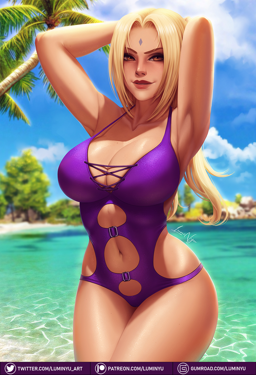 1girls, alternate version available, armpits, arms behind back, arms behind head, arms up, barely contained, beach, big breasts, bikini, blonde hair, breasts, brown eyes, curvaceous, curves, curvy, female, female focus, female only, full lips, hips, hokage, hourglass figure, human, human female, large breasts, light-skinned female, lips, lipstick, long hair, luminyu, mature, mature female, naruto, naruto (series), naruto shippuden, navel, one-piece swimsuit, slim waist, smile, solo, solo focus, summer, swimsuit, tattoo, thick thighs, thighs, tsunade, voluptuous, white skin, wide hips, yellow hair