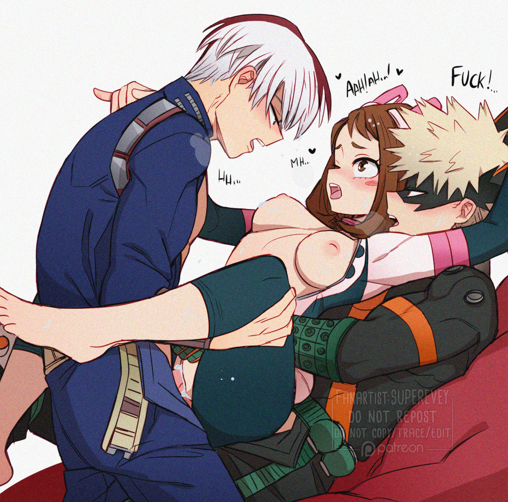 1girls, 2boys, blonde hair, blonde-haired male, bodysuit, breast squeeze, breasts, breasts out, brown hair, brown-haired female, clothed sex, double penetration, dynamight, female, female human, hero outfit (mha), human, katsuki bakugou, light skin, light-skinned female, male, medium breasts, multicolored hair, my hero academia, nipples, ochako uraraka, ochako uraraka (hero outfit), pussy, red hair, red-haired male, sex, shouto todoroki, superevey, superhero costume, superheroine, teenage female, teenager, threesome, two-tone hair, uravity, vaginal penetration, white hair, white-haired male