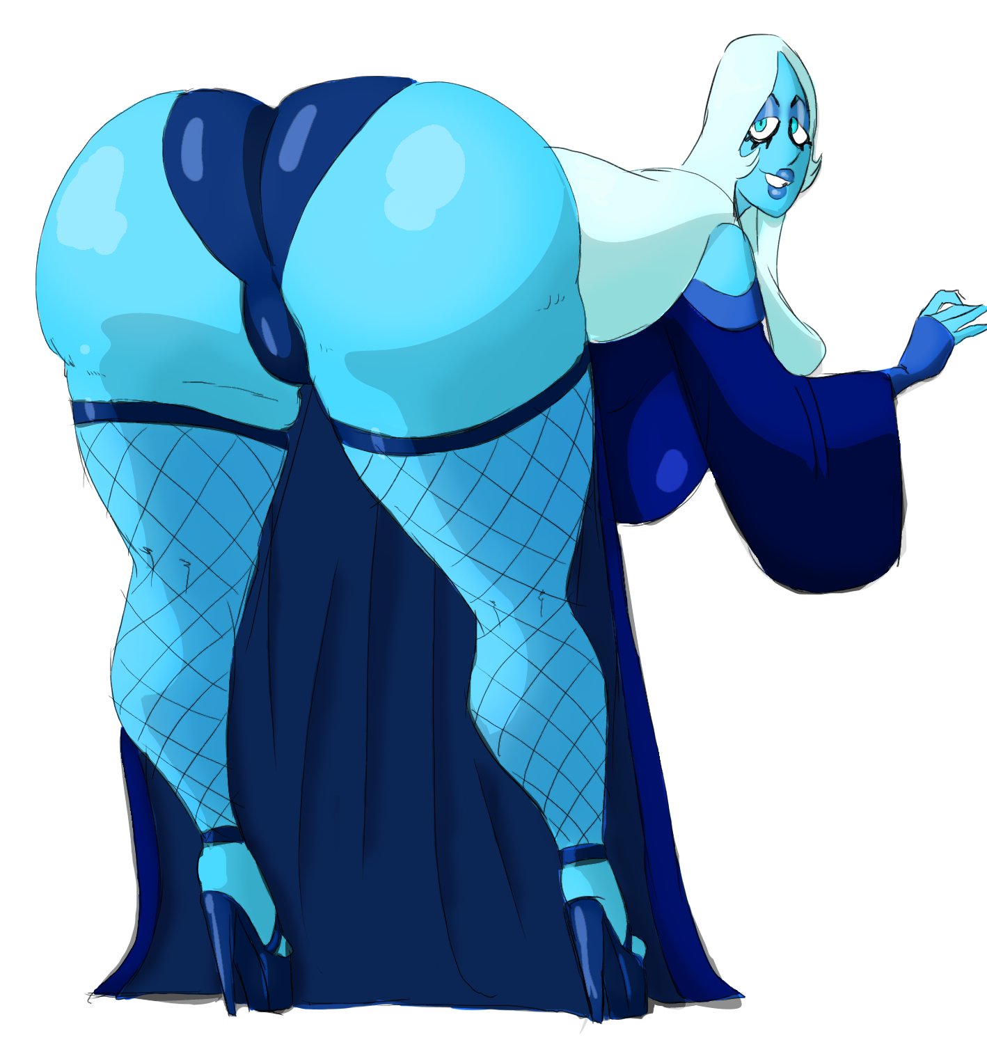 1girls, ass, ass focus, bedroom eyes, bent over, big ass, big breasts, big butt, bimbo, blue diamond (steven universe), blue eyes, blue lipstick, blue skin, bottom heavy, breasts, bubble ass, bubble butt, colored, dress, dress lift, eye contact, eyeshadow, fat ass, female, female only, fishnet legwear, fishnet stockings, fishnets, from behind, gem (species), giant, guillion (toshkarts), half-closed eyes, high heels, huge ass, huge breasts, large ass, large breasts, lipstick, long hair, looking at viewer, looking back, makeup, massive ass, seductive, seductive look, seductive pose, seductive smile, senrurka, solo, solo female, steven universe, thick ass, thick thighs, thighhighs, voluptuous, white background, white hair