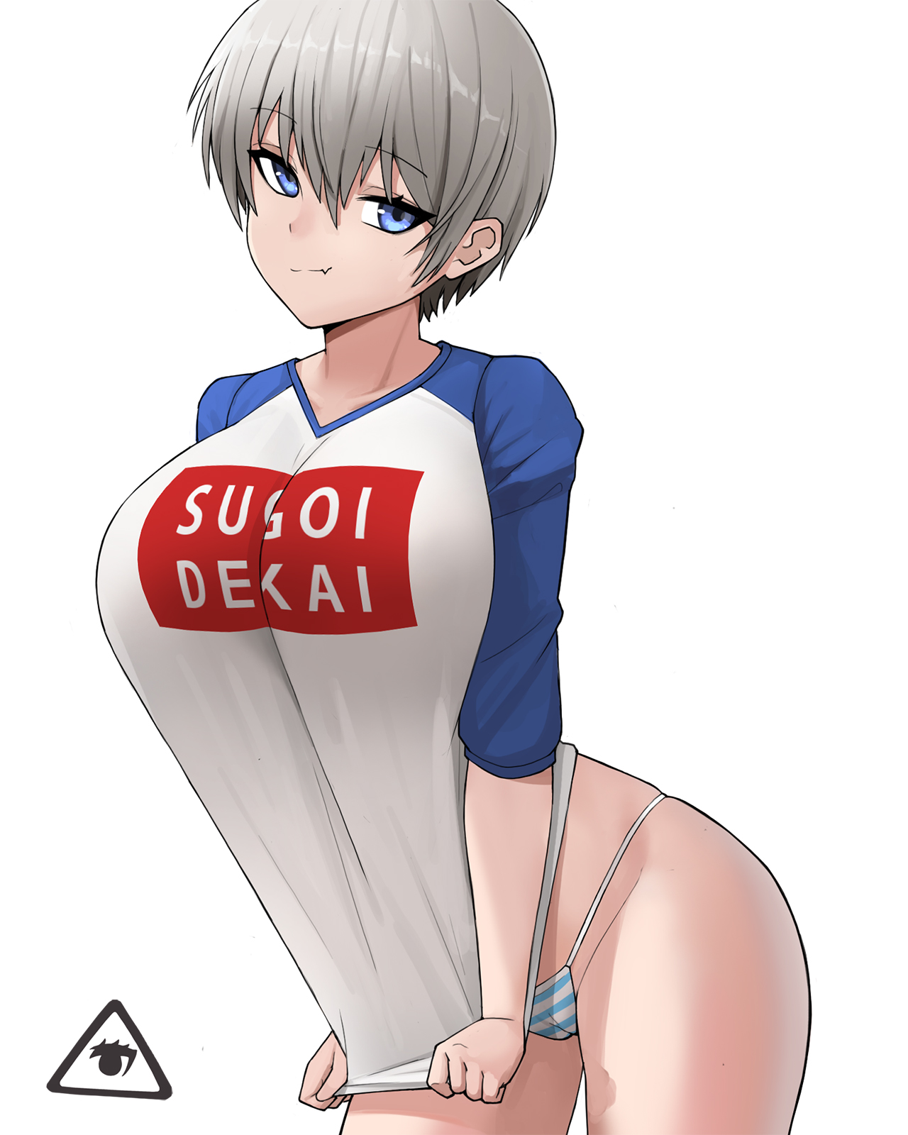 1girls, big breasts, blue eyes, breasts, donburikazoku, female, female only, grey hair, large breasts, light skin, light-skinned female, pale skin, pale-skinned female, panties, pulling shirt down, shirt, short hair, solo, thighs, uzaki hana, uzaki-chan wa asobitai!, white background