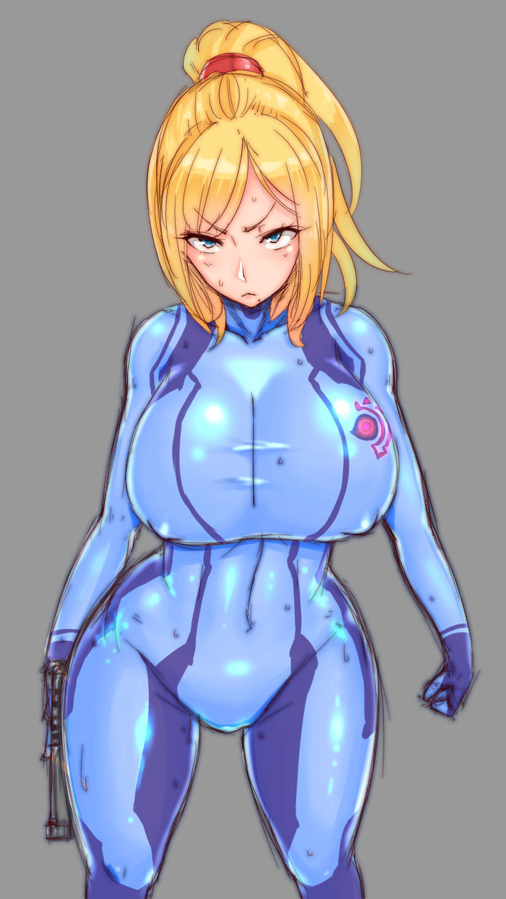 1girls alternate_version_available angry bikini blonde_hair blue_eyes breasts gun huge_ass huge_breasts large_breasts looking_at_viewer metroid nintendo puffy_nipples samus_aran short_hair tight_clothing wolffeld wolffeld_price yellow_hair