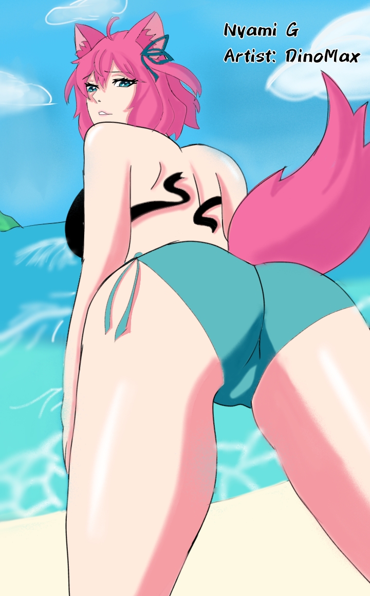 alternative_version_available anime_onegai beach bikini cat_ears cat_girl cat_tail dengeki_onegai dinomax latam_virtual_youtuber looking_at_viewer looking_back nyami_g pink_hair virtual_youtuber