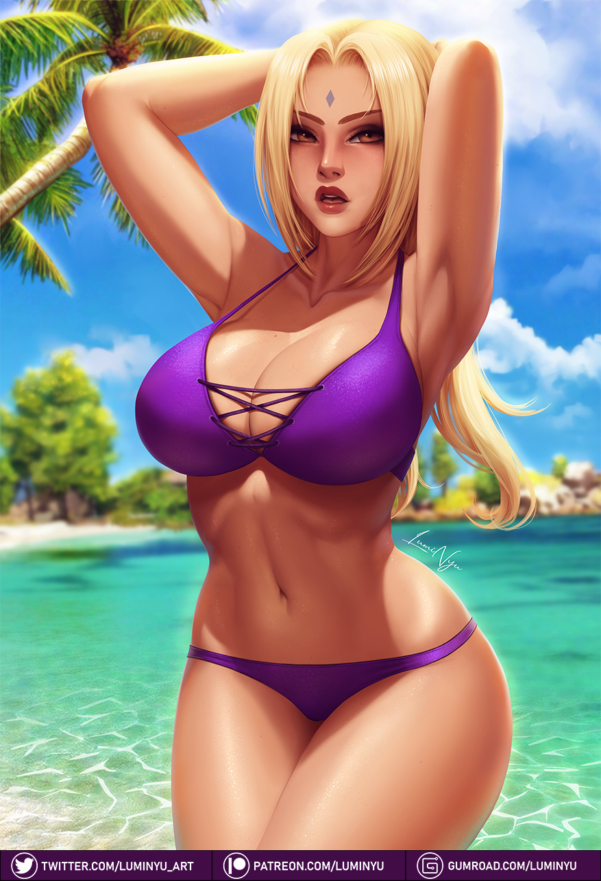 1girls, alternate version available, armpits, arms behind back, arms behind head, arms up, barely contained, beach, big breasts, bikini, blonde hair, breasts, brown eyes, curvaceous, curves, curvy, female, female focus, female only, full lips, hips, hokage, hourglass figure, human, human female, large breasts, light-skinned female, lips, lipstick, long hair, luminyu, mature, mature female, naruto, naruto (series), naruto shippuden, navel, one-piece swimsuit, slim waist, smile, solo, solo focus, summer, swimsuit, tattoo, thick thighs, thighs, tsunade, voluptuous, white skin, wide hips, yellow hair