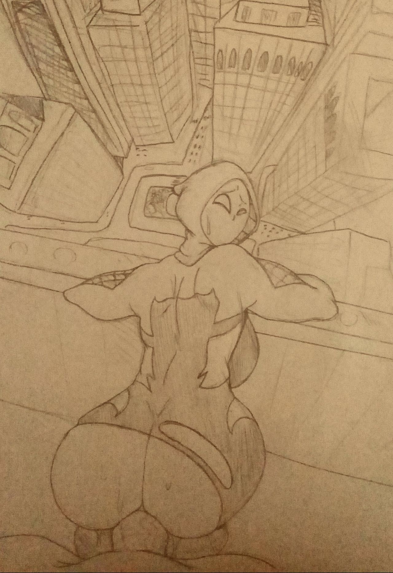 anal, anal sex, ass, bent over, detnox, female, gwen stacy, gwen stacy (spider-verse), looking at viewer, looking back, marvel, marvel comics, mask, masked, masked female, no source, public, ripped clothing, spider-gwen, spider-man (series), spider-man: into the spider-verse, straight, sweat, tagme