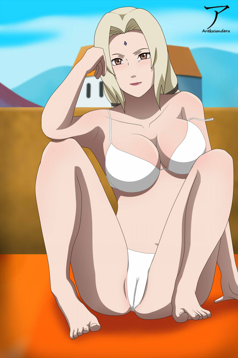 1girls arekusanderu barefoot bent_knees big_breasts blonde_hair blush breasts brown_eyes cameltoe cleavage feet feet_together female female_only forehead_jewel lipstick long_hair makeup naruto naruto_(series) naruto_shippuden off_shoulder single_girl sitting smile solo solo_female toes tsunade underwear