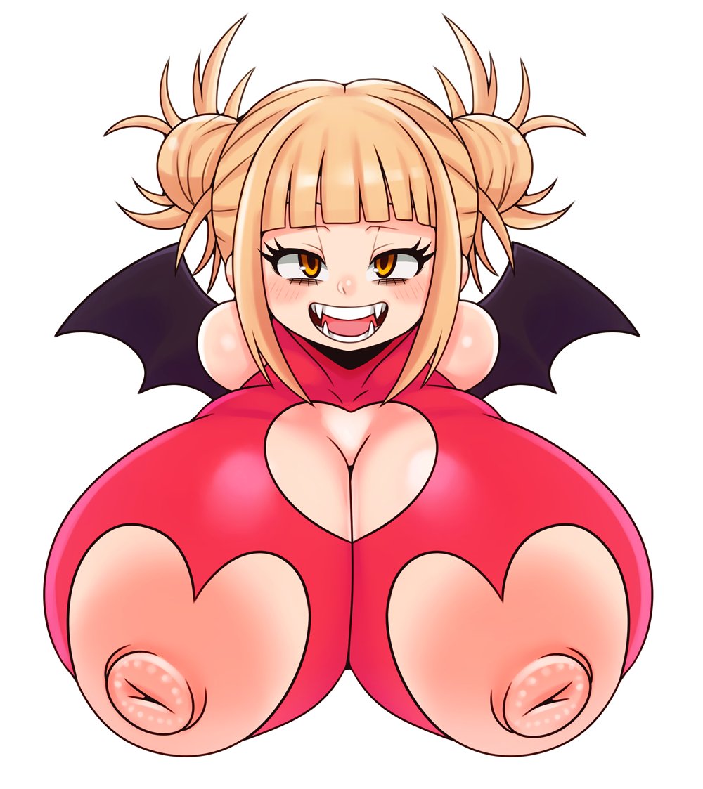 1girls, alternate breast size, areolae, big breasts, blonde hair, blush, breasts, demon, erect nipples, eye contact, female, himiko toga, huge breasts, large breasts, looking at viewer, matospectoru, my hero academia, nipples, succubus, white background, yellow eyes