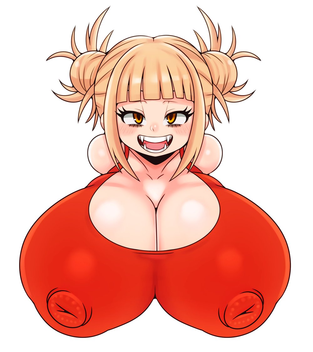 1girls, alternate breast size, big breasts, blonde hair, blush, breasts, erect nipples under clothes, eye contact, female, himiko toga, huge breasts, large breasts, looking at viewer, matospectoru, my hero academia, nipples, tank top, white background, yellow eyes