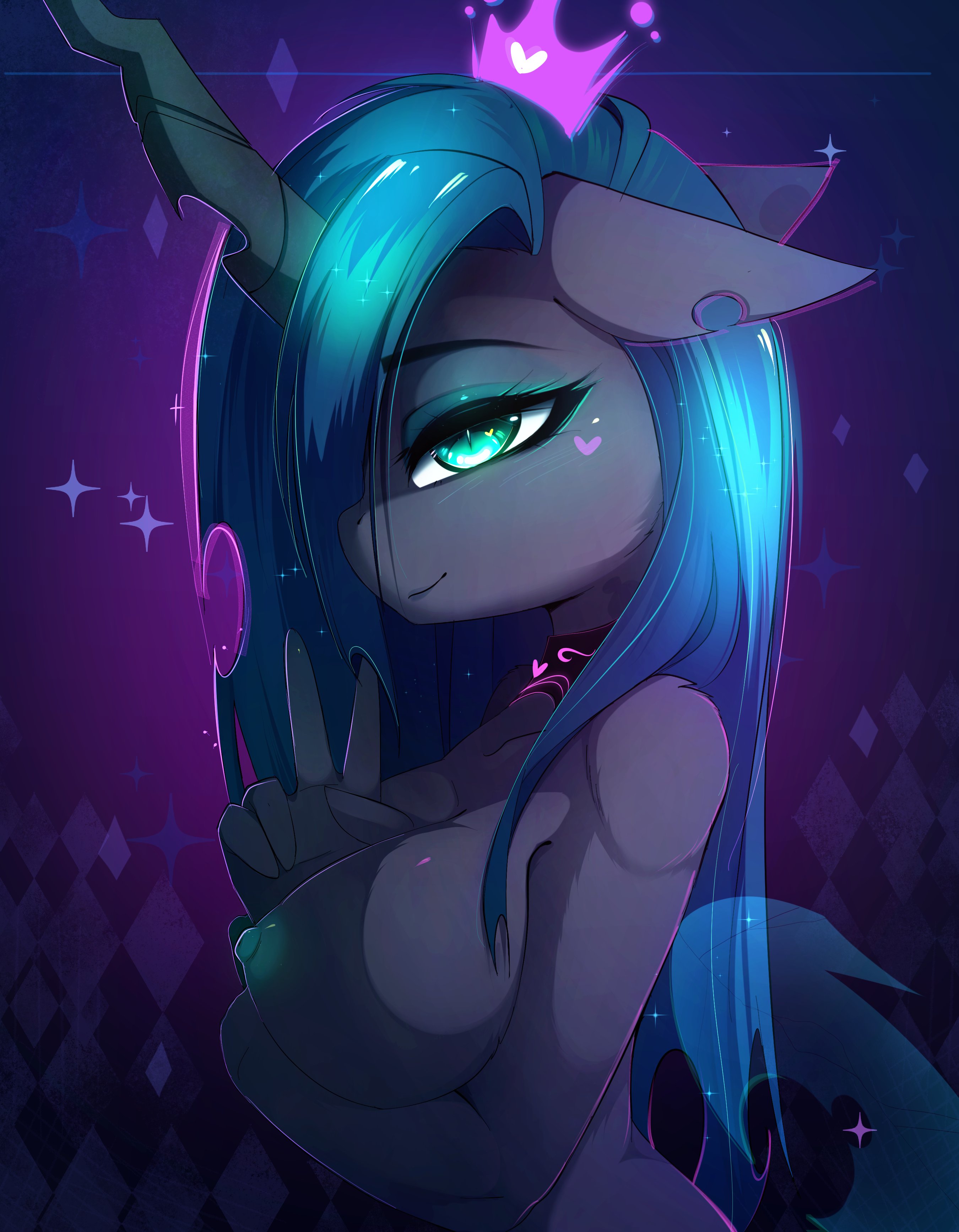 absurd res, anthro, arm under breasts, arthropod, big breasts, breasts, changeling, crown, ears back, female, friendship is magic, gesture, green eyes, hasbro, heart, hi res, holding breast, jewelry, lidded eyes, looking at viewer, magnaluna, my little pony, necklace, nipples, nude, pivoted ears, queen chrysalis (mlp), simple background, smile, solo, v sign