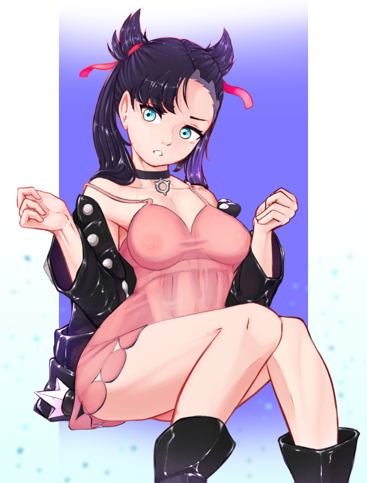 1girls, areolae, big breasts, bk d, black hair, blue eyes, boots, breasts, choker, dress, female, hair ribbon, light skin, light-skinned female, marnie (pokemon), nintendo, pale skin, pale-skinned female, pokemon, pokemon ss, solo, thick thighs, thighs, transparent clothing, twintails