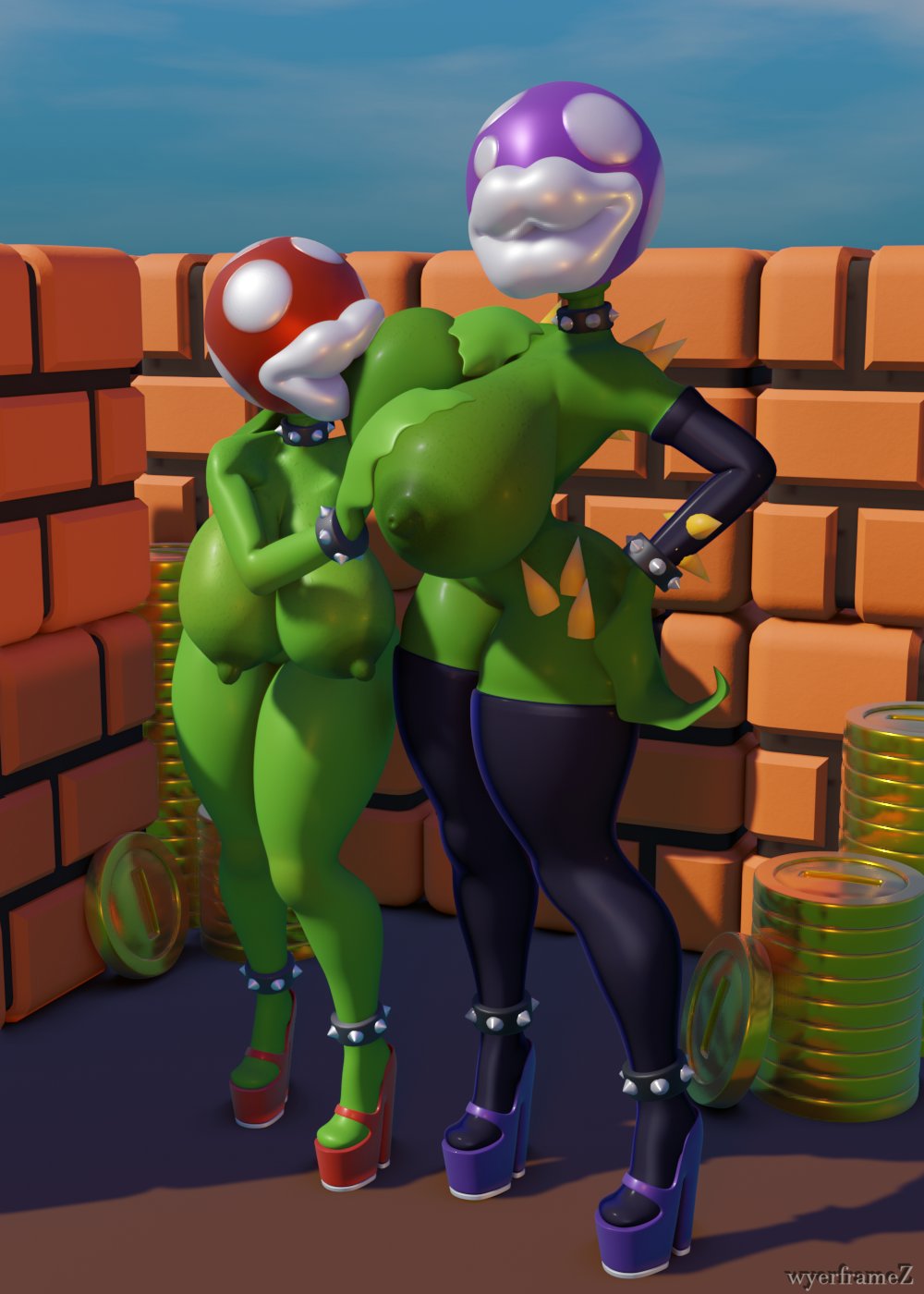 2girls 3d anthro anthrofied areolae armwear big_breasts big_lips blender breast_sucking breasts choker dominant_female fat_ass female female_only flora_fauna heels high_heels huge_breasts huge_lips hyper_bimbo hyper_lips large_lips lip_focus lips_focus mario_(series) nipples piranha_plant plant platform_heels spiked_anklet spiked_bracelet spiked_collar spiked_cuffs spiked_legband spikes stockings submissive_female super_mario_bros. thick_lips wyerframez yuri