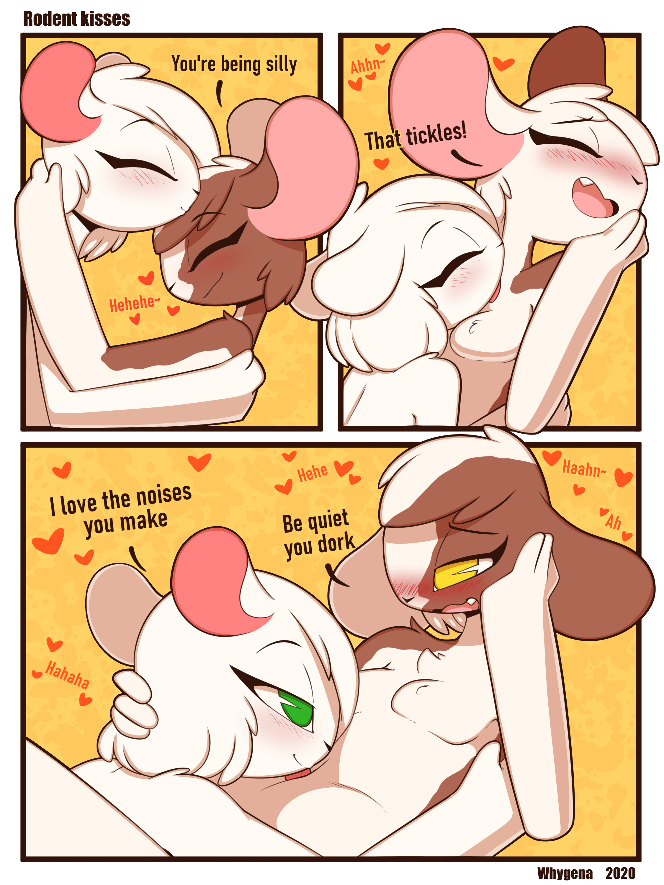 1boy, 1girls, absurdres, anthro, blush, breasts, brown fur, brown hair, closed eyes, eyelashes, female, femboy, femboy on female, furry, green eyes, hair over one eye, half-closed eyes, hand on own face, happy sex, hetero, kissing, licking, looking at another, lying, male, male/female, medium breasts, mimi (whygena), no nipples, nude, on back, open mouth, original, out-of-frame censoring, rat, reggie (whygena), short hair, straight, two-tone fur, two-tone hair, white fur, white hair, whygena, yellow background, yellow eyes