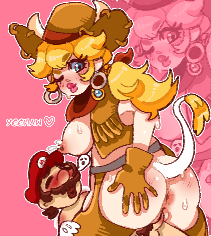 1boy 1girls ass ass_focus asshole assless_chaps big_ass big_breasts big_lips blonde_hair blue_eyes breasts cherubicchubs clothing cow_girl cow_horns cow_tail cowgirl_peach cowgirl_position female lactating lactating_nipples lactation lactation_without_expressing male mario mario_(series) nintendo nipples pink_background pink_lips pink_lipstick ponytail princess_peach princess_peach:_showtime! pussy simple_background spreading_ass zoom_layer