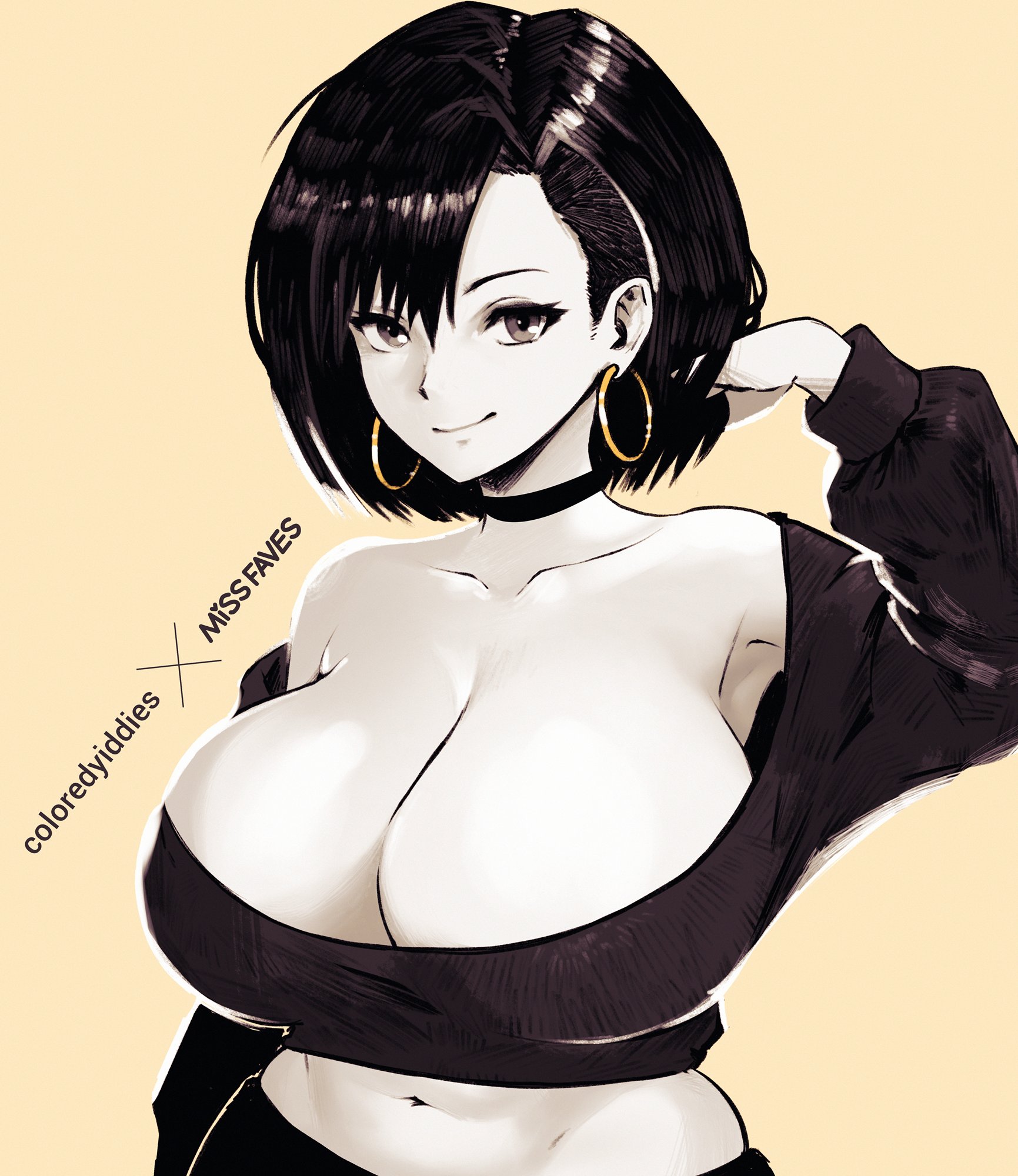 black hair, borrowed character, breasts, cleavage, earrings, female, highres, jewelry, large breasts, lei (coloredyiddies), looking at viewer, midriff, missfaves, navel, original, short hair, smile, solo, upper body