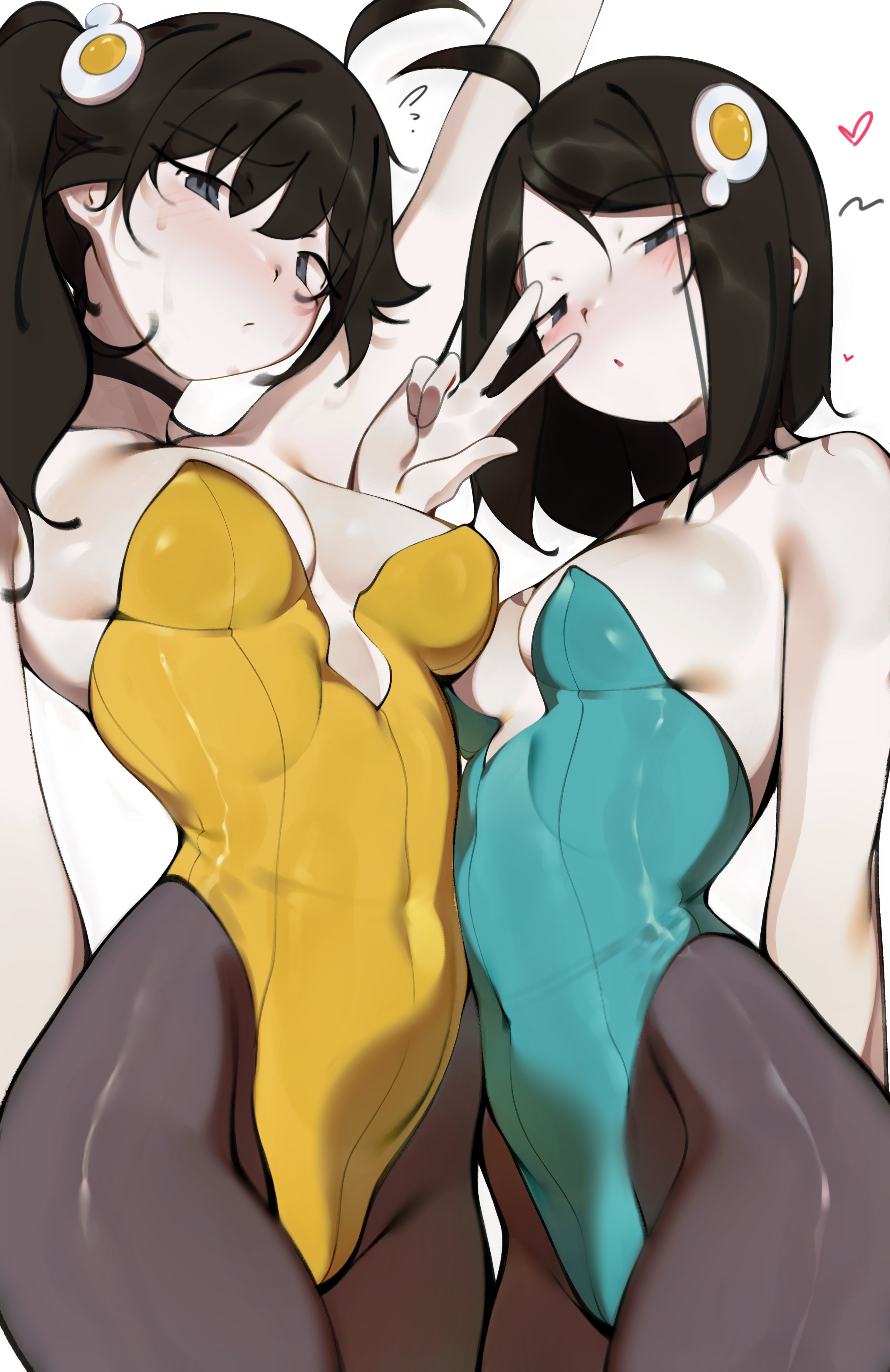 2girls, ahoge, alternate version available, araragi karen, araragi tsukihi, black hair, blue eyes, blush, blushing, choker, cleavage, deko morii, duo, female, female only, hair ornament, heart, hourglass figure, leotard, looking at viewer, medium breasts, monogatari (series), pantyhose, peace sign, petite, ponytail, shiny skin, short hair, siblings, sisters, slim waist, standing, thighs, tight clothing, white background