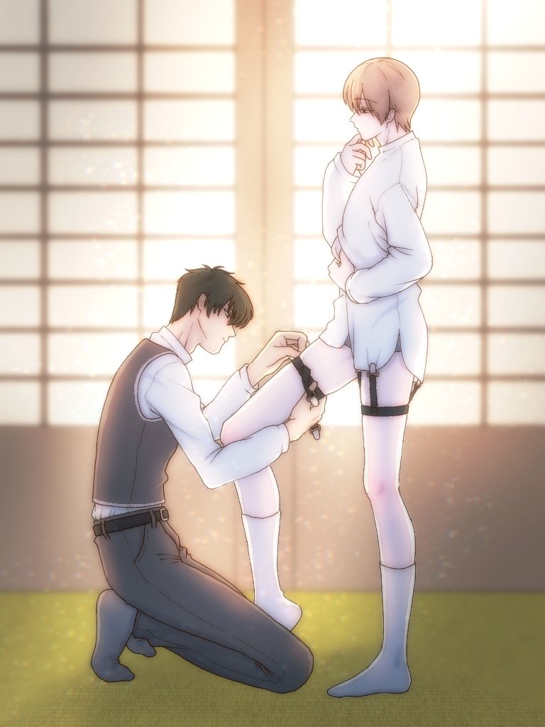 2boys black_hair brown_hair dress_shirt dressing full_body garter_belt garter_straps gay gintama hijikata_toshiro kneeling light_brown_hair male male_only okita_sougo pale-skinned_male pale_skin police_uniform profile shinsengumi_(gintama) standing tsuki_gntm2 twink undressing uniform yaoi