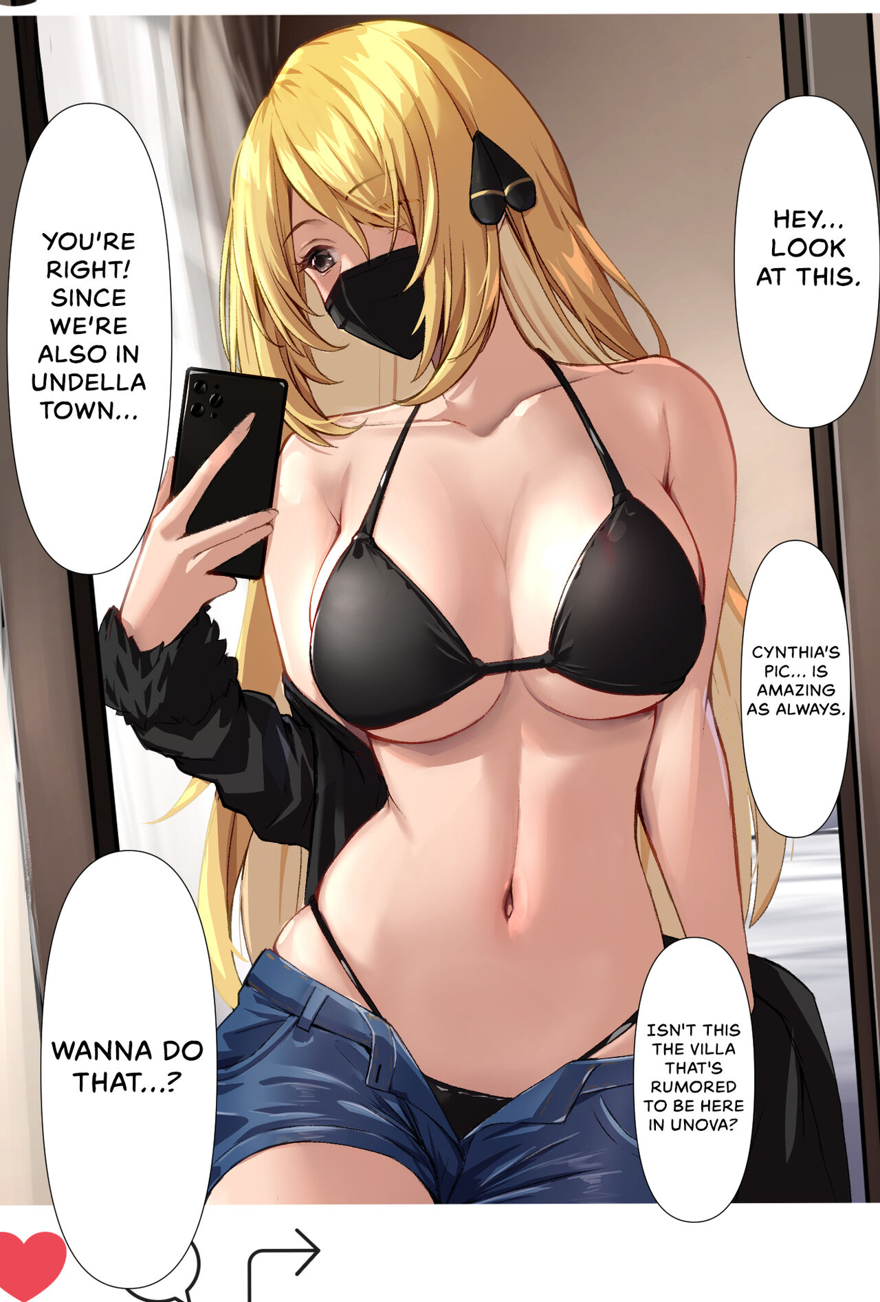 1girls, bare arms, bare shoulders, big breasts, black mask, black swimsuit, blonde, blonde female, blonde hair, blonde-haired female, bondage, bra, breasts, clothed, clothing, color, cynthia (pokemon), dialogue, english text, female, female focus, female only, fit female, game freak, hair ornament, hair over one eye, hi res, hourglass figure, human, human female, jean shorts, large breasts, light skin, light-skinned female, long hair, mask, mature female, mirror selfie, navel, nintendo, no penis, no sex, pokemon, pokemon champion, pokemon dppt, pokemon trainer, selfie, slave, slim waist, smartphone, solo, solo female, tagme, text, text bubble, thick thighs, whale tail, wide hips, yoshimoto (carpsukidayo)