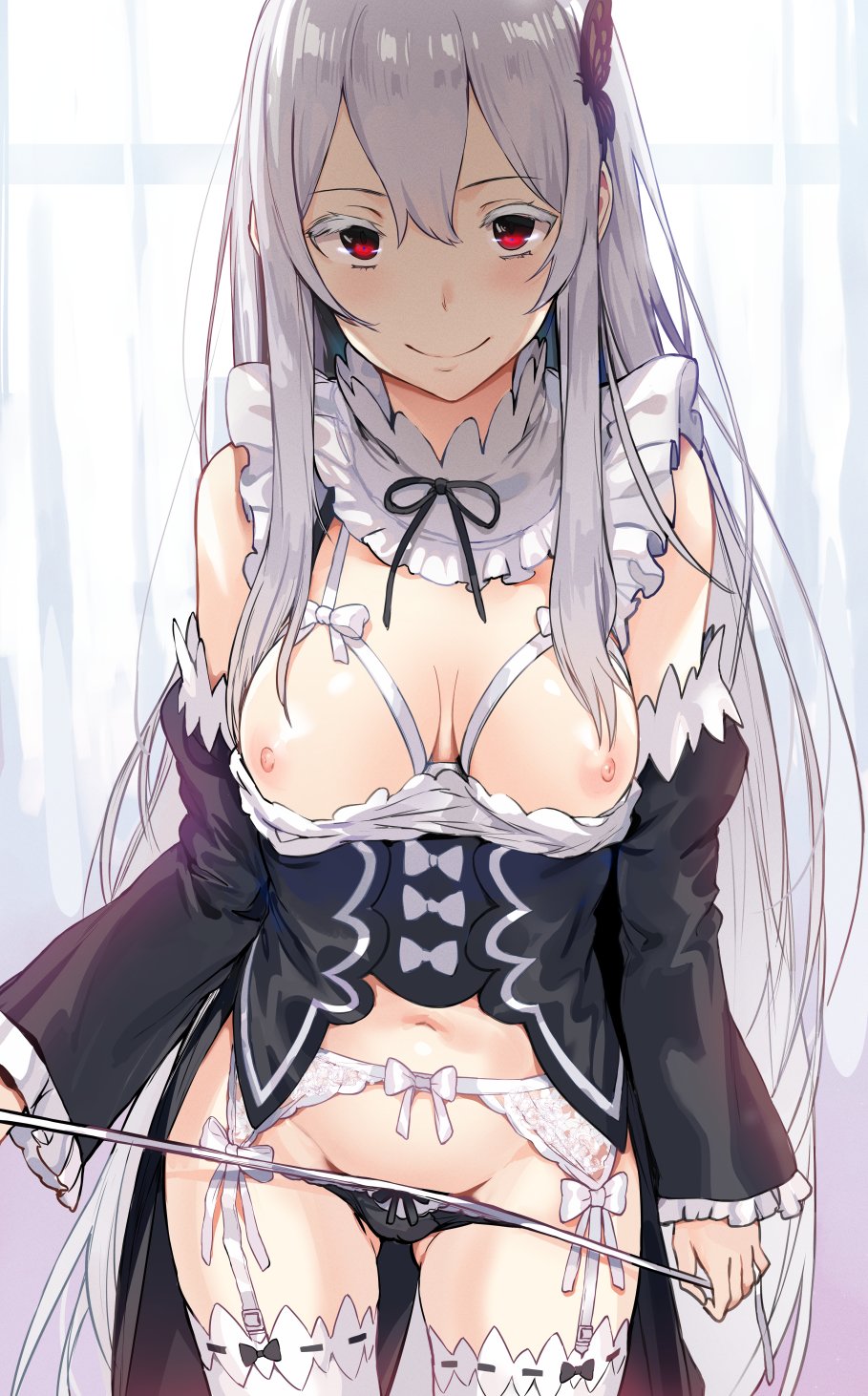 alternate_costume black_panties breasts butterfly_hair_ornament cosplay echidna_(re:zero) exposed_breasts hews_hack light-skinned_female light_skin long_hair looking_at_viewer maid maid_uniform medium_breasts nipples panties_around_leg panties_pull panties_pulled_down partial_nudity partially_clothed re:zero_kara_hajimeru_isekai_seikatsu red_eyes rem_(re:zero)_(cosplay) roswaal_mansion_maid_uniform smile smiling smiling_at_viewer stockings white_hair white_stockings