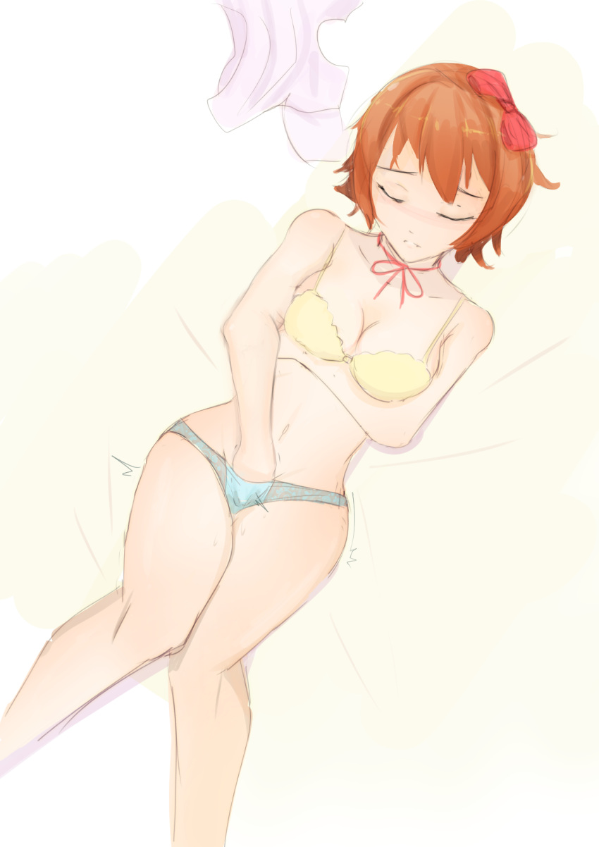 blue eyes, bow, bra, breasts, doki doki literature club, female, female only, hand in panties, masturbation, medium breasts, panties, sayori (doki doki literature club), short hair, strawberry blonde hair