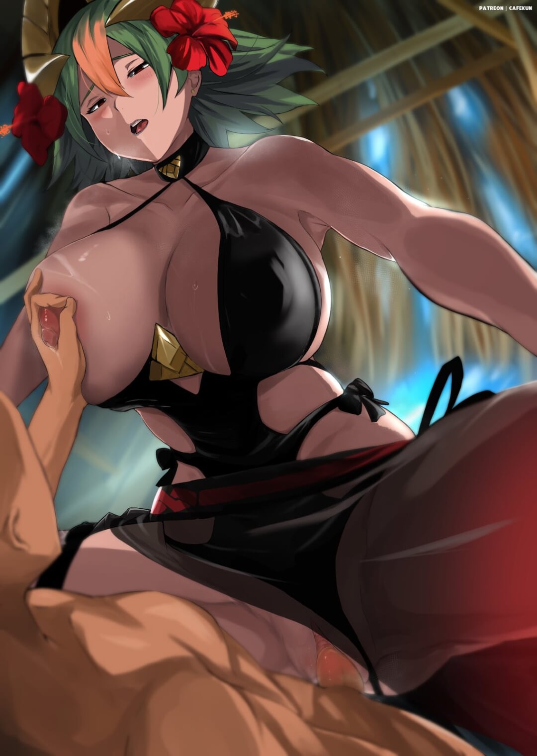 1boy, 1girls, alternate breast size, areola, areola bulge, armpits, big areola, big breasts, big clitoris, big nipples, big penis, black swimsuit, blush, breast grab, breast out, breasts, breasts out, breath, cafekun, cleavage, clitoris, clothed female, clothed female nude male, cowgirl position, female, female on top, fire emblem, fire emblem heroes, flower, flower in hair, green hair, heavy breathing, huge breasts, laegjarn (fire emblem), large breasts, light skin, light-skinned female, male, muscular, musk, narrowed eyes, nintendo, nipple bulge, nipples, one breast out, pale skin, pale-skinned female, penis, perky breasts, puffy areola, pussy, red flower, see-through, sex, short hair, sideboob, smell, steam, straight, swimsuit, tan skin, tan-skinned male, uncensored, veil