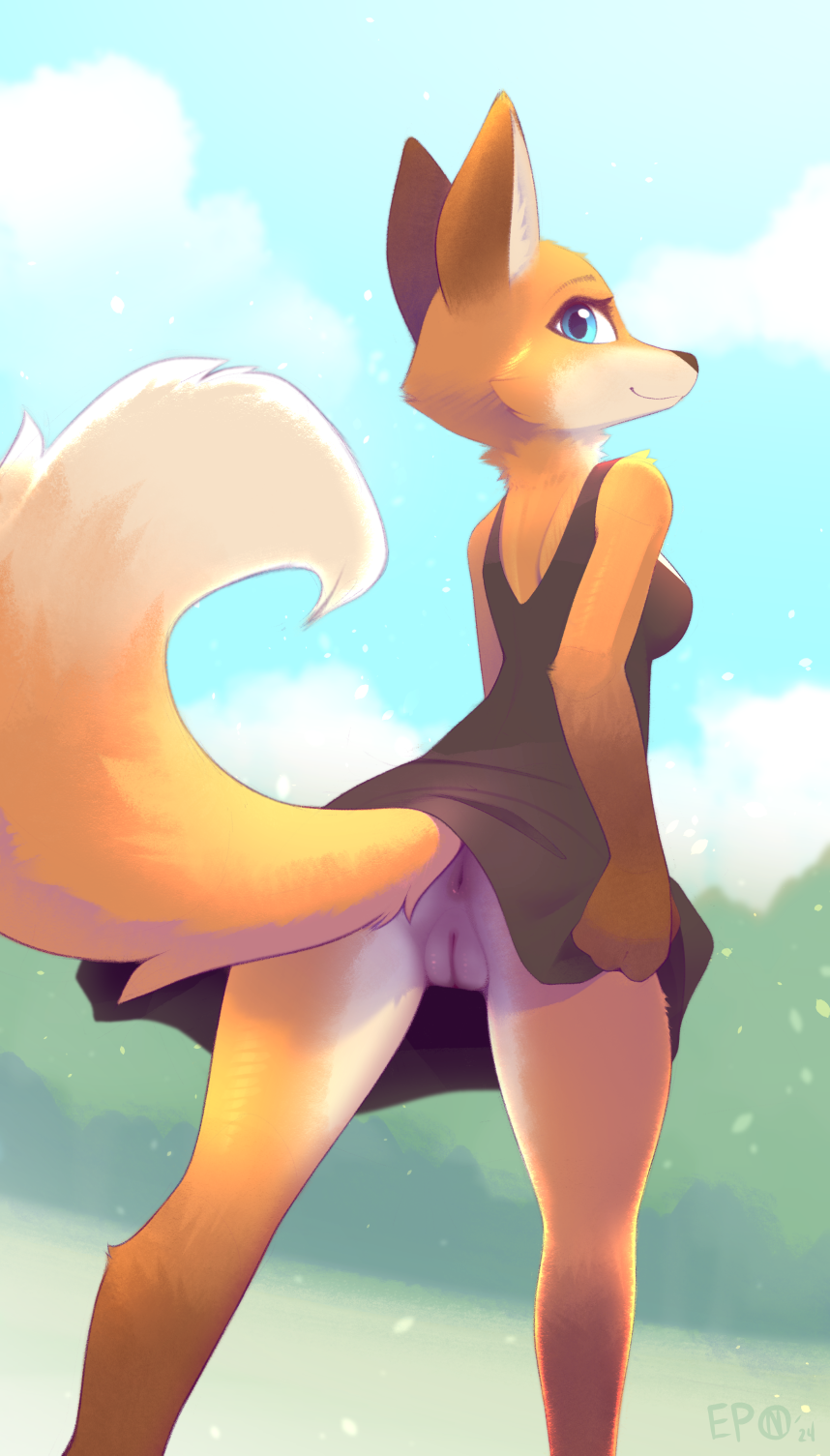 2024 anthro ass b-epon blurred_background canid canine clothed clothing digital_media_(artwork) eyebrows female fox fur genitals hi_res looking_at_viewer mammal outside pussy smile solo